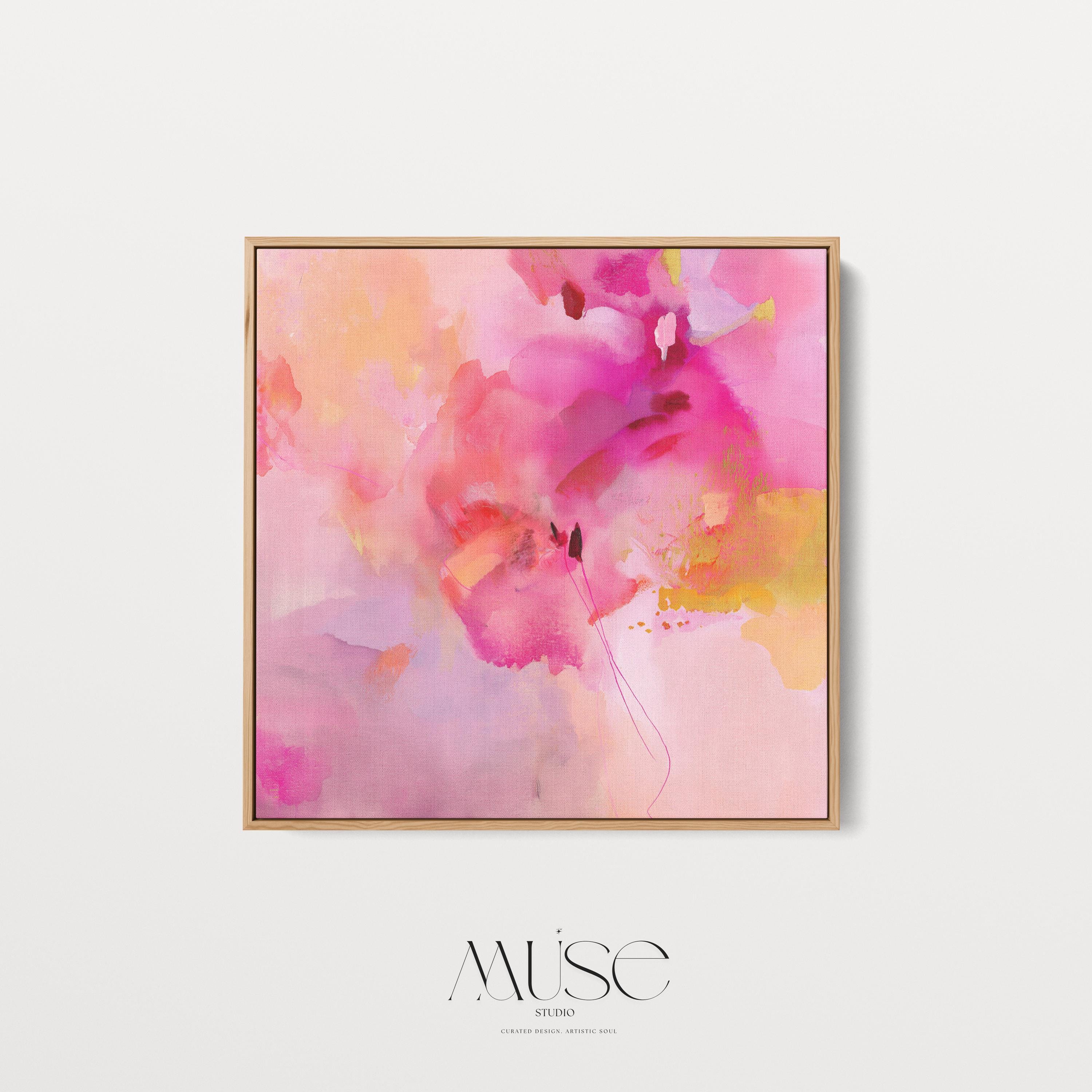 Bold Pink Abstract Canvas Wall Art in Fuchsia and Gold Square Modern Painting Warm Pastel Decor for Bedroom or Living Room Muse 475 Framed Canvas Art Colorful abstract wall art on framed canvas, perfect for bold decor art and modern wall decor. Large statement piece with expressive brushstrokes and rich textures. Ready-to-hang giclée canvas designed to energize living rooms, offices, bedrooms and curated interiors. Muse Studio Decor Art.