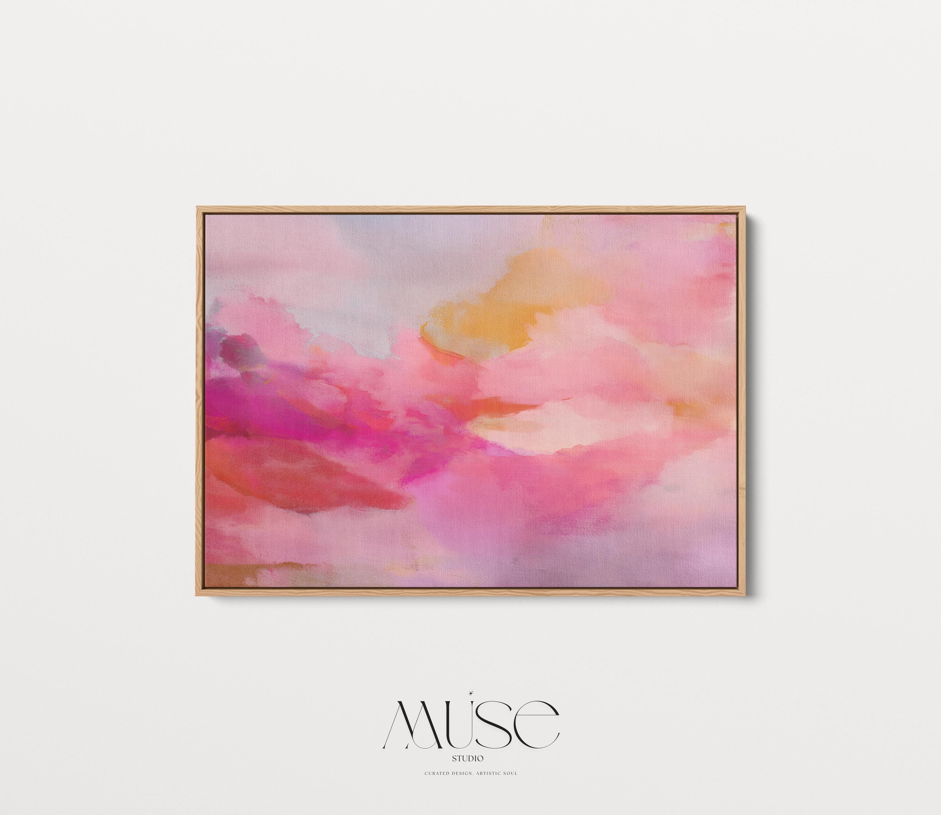 Blush Pink Abstract Canvas Wall Art Horizontal Sunset Painting in Peach and Fuchsia for Bedroom or Above Bed Soft Horizon Decor Muse 477 Framed Canvas Art Colorful abstract wall art on framed canvas, perfect for bold decor art and modern wall decor. Large statement piece with expressive brushstrokes and rich textures. Ready-to-hang giclée canvas designed to energize living rooms, offices, bedrooms and curated interiors. Muse Studio Decor Art.