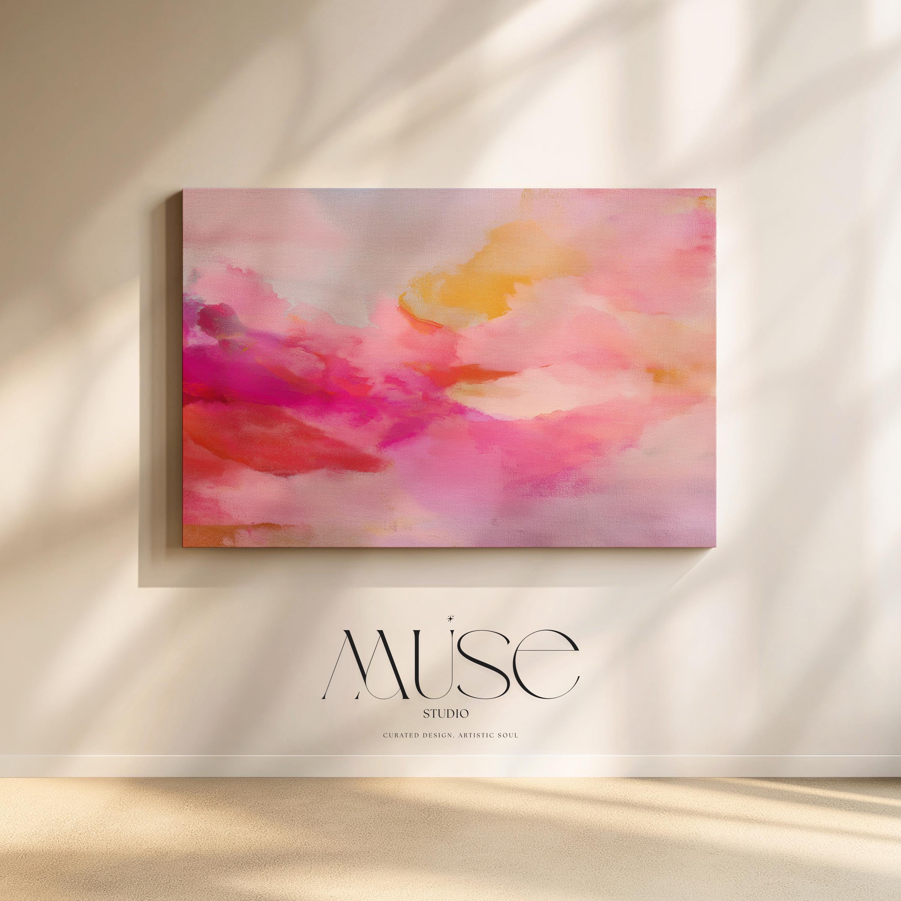 Large horizontal stretched canvas wall art in soft pink, golden orange, and warm blush tones. Features an abstract pastel cloudscape with painterly textures. Ideal for dreamy bedrooms, cozy studios, or soft contemporary interiors. Offered as gallery-wrapped canvas or with optional wood floating frame. From the Pink & Blush Wall Art collection by Muse Studio. Available in multiple large-format sizes for statement decor.