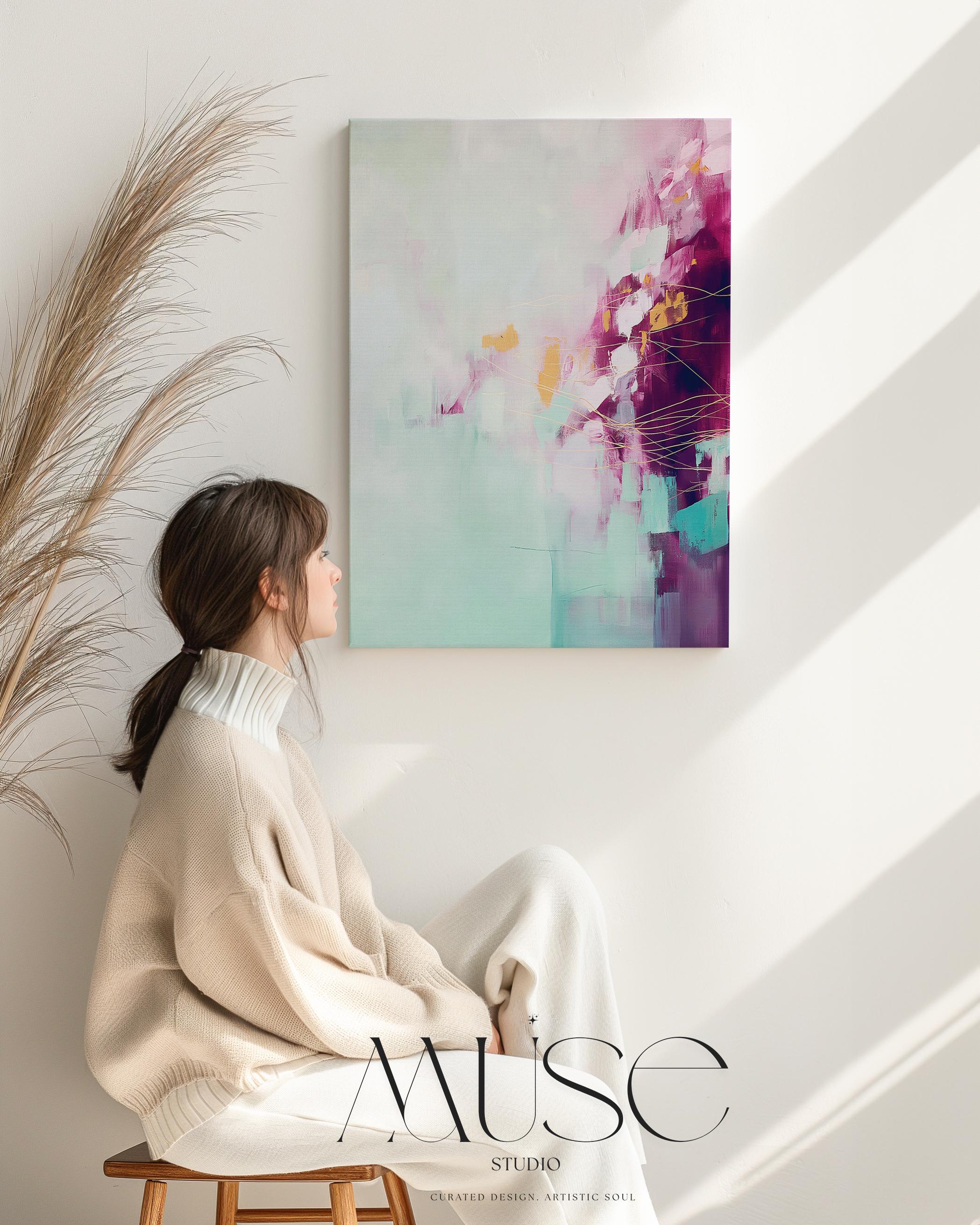 Calm Botanical Abstract Wall Art in Plum and Aqua Vertical Canvas Whimsical Pastel Spring Decor for Bedroom Above Bed or Office 480