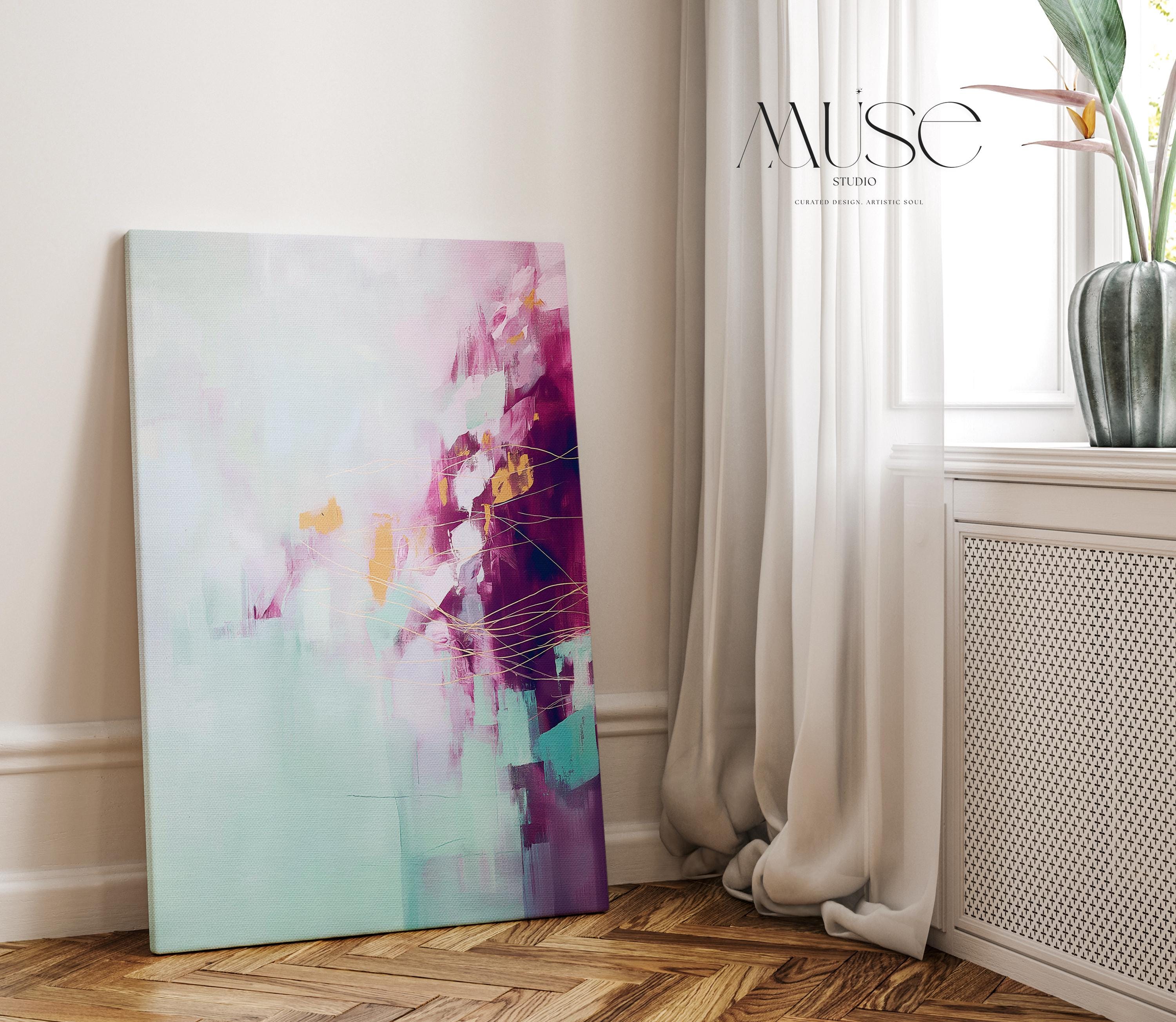 Calm Botanical Abstract Wall Art in Plum and Aqua Vertical Canvas Whimsical Pastel Spring Decor for Bedroom Above Bed or Office 480