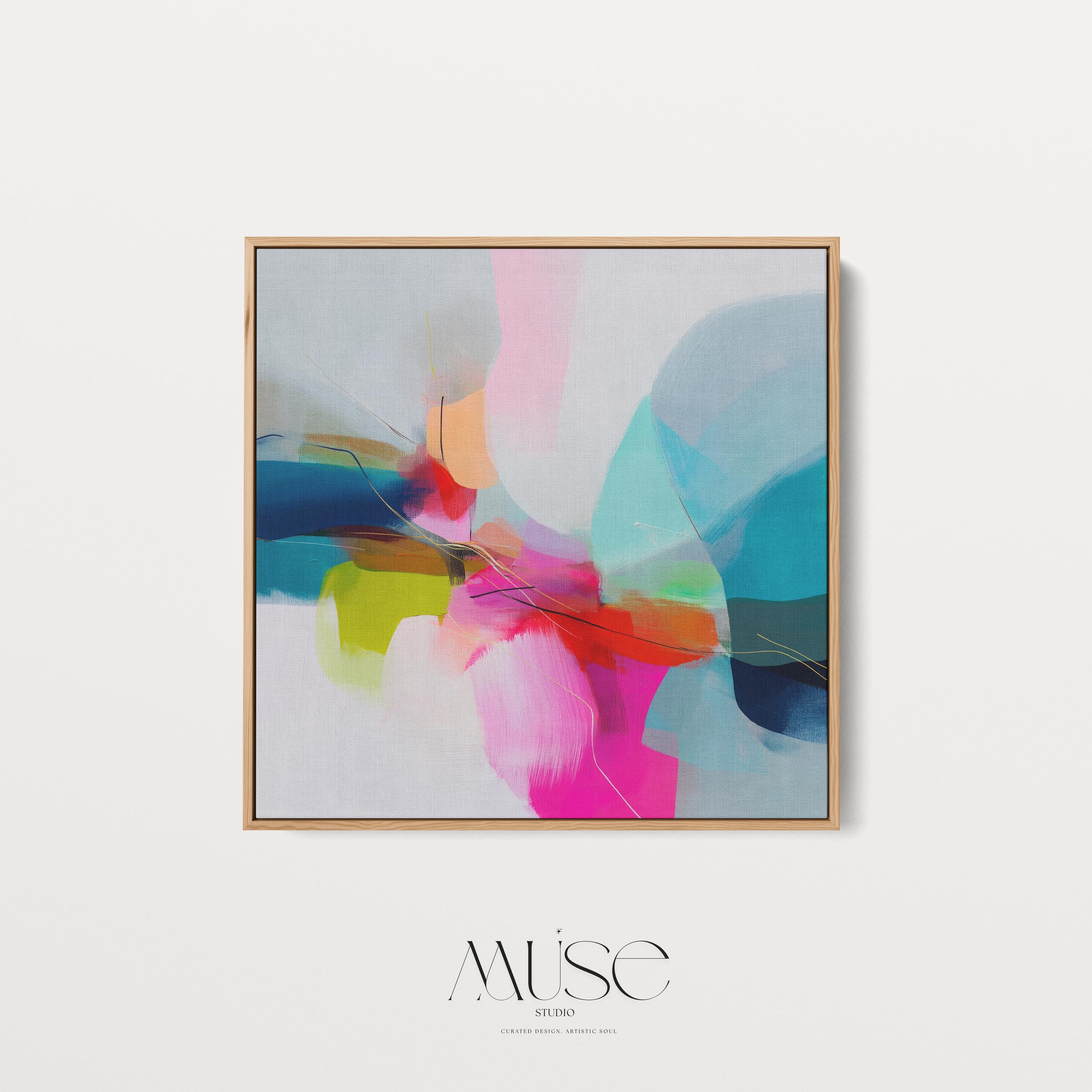 Retro Abstract Wall Art Teal Pink Orange Framed Canvas Color Pop Glam Decor Bold Modern Painting Living Room Statement Art 481