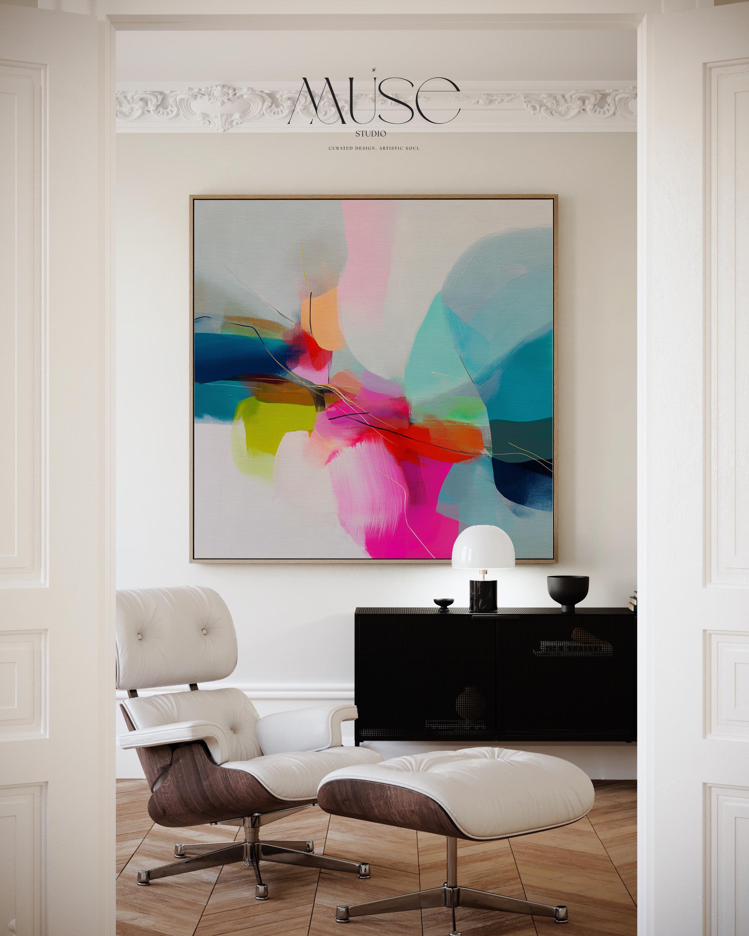 Retro Abstract Wall Art Teal Pink Orange Framed Canvas Color Pop Glam Decor Bold Modern Painting Living Room Statement Art 481