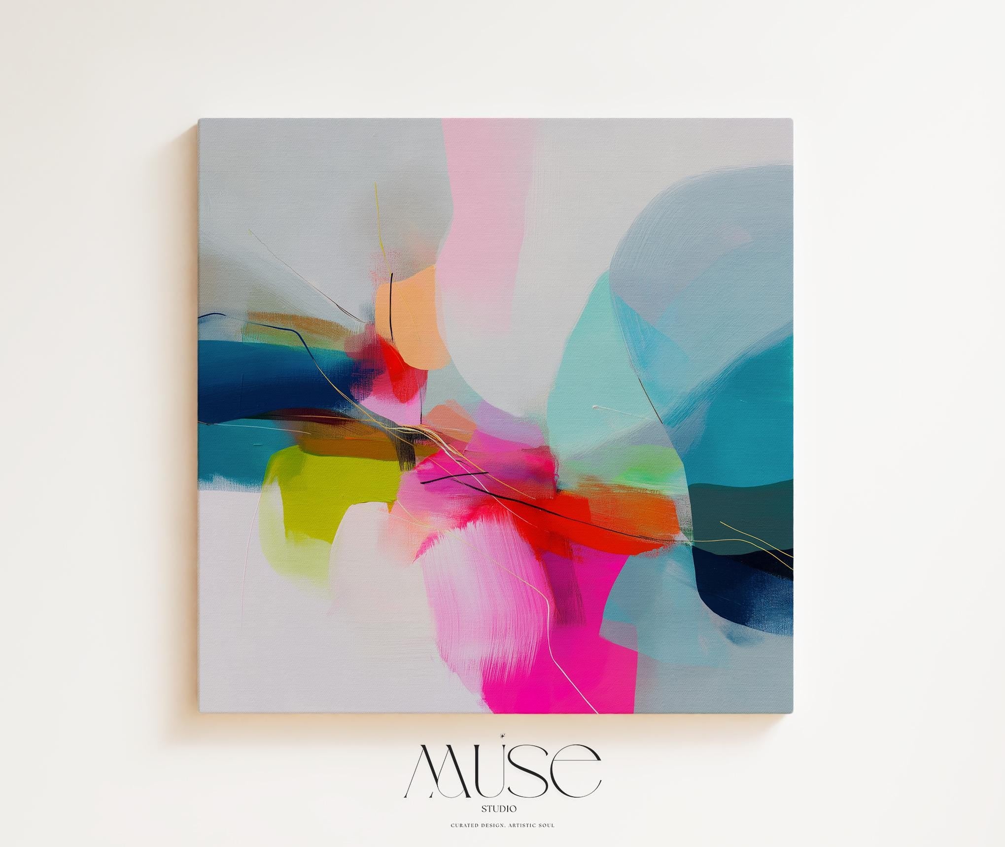Large Colorful Abstract Canvas Art Pink Teal Orange Retro Glam Decor Statement Modern Wall Art for Living Room Dorm or Office 481
