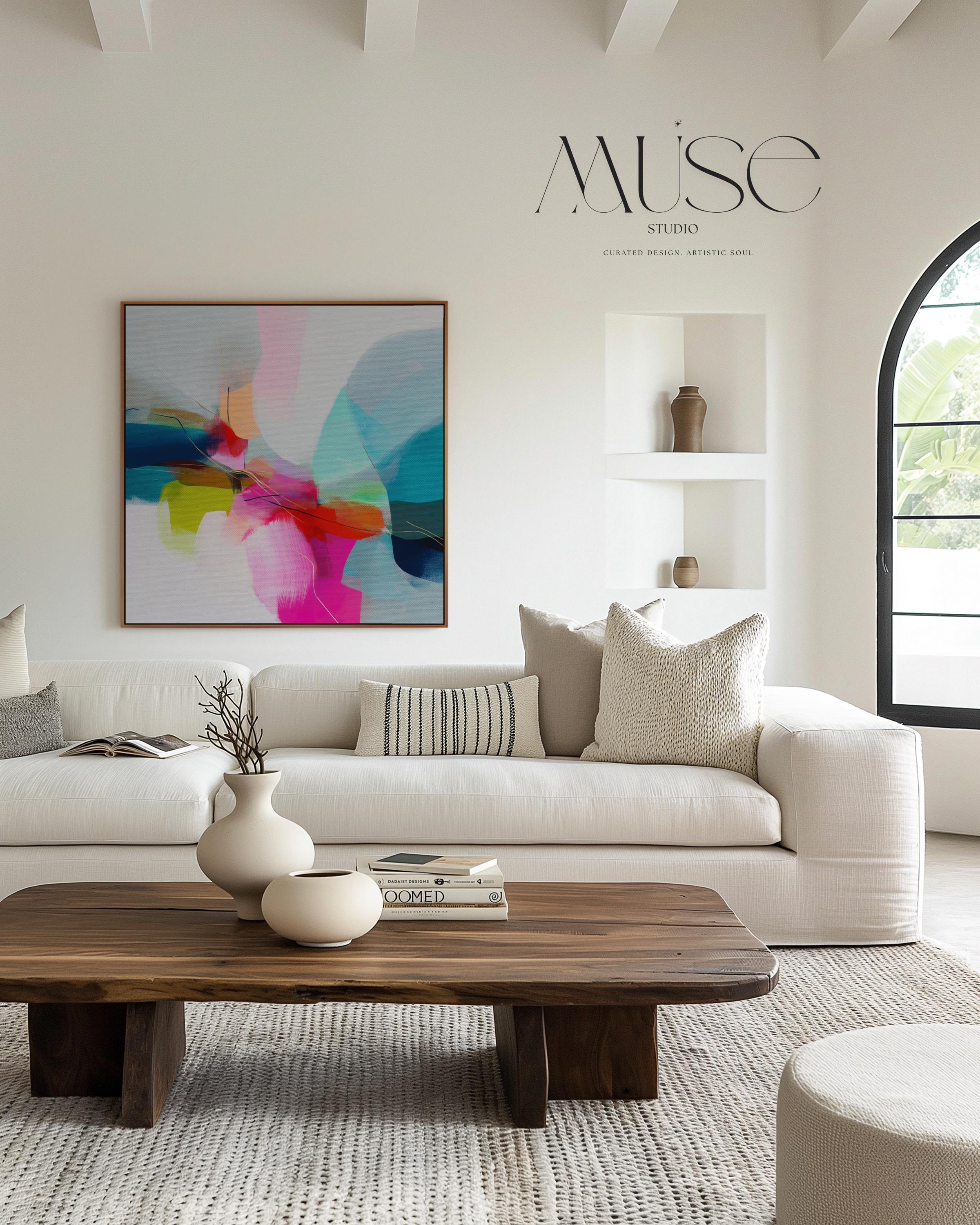 Large Colorful Abstract Canvas Art Pink Teal Orange Retro Glam Decor Statement Modern Wall Art for Living Room Dorm or Office 481