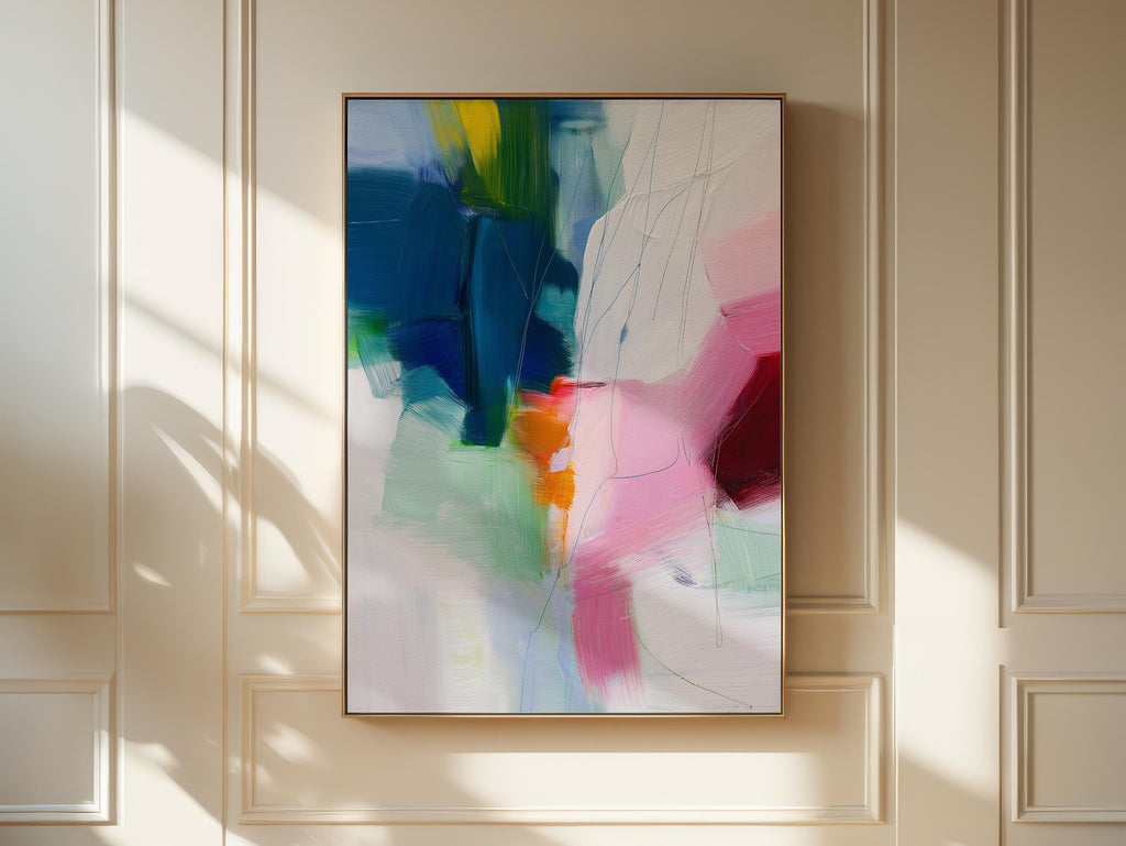 Framed vertical abstract canvas in a bold preppy style with rich navy, blush pink, coral orange, and soft mint. Contemporary painterly texture with expressive brushwork and linear detailing. Ideal for interior designers and stylists seeking statement wall art with a fresh, high-contrast palette. Vertical format styled for modern bedrooms, offices, or boutique interiors.