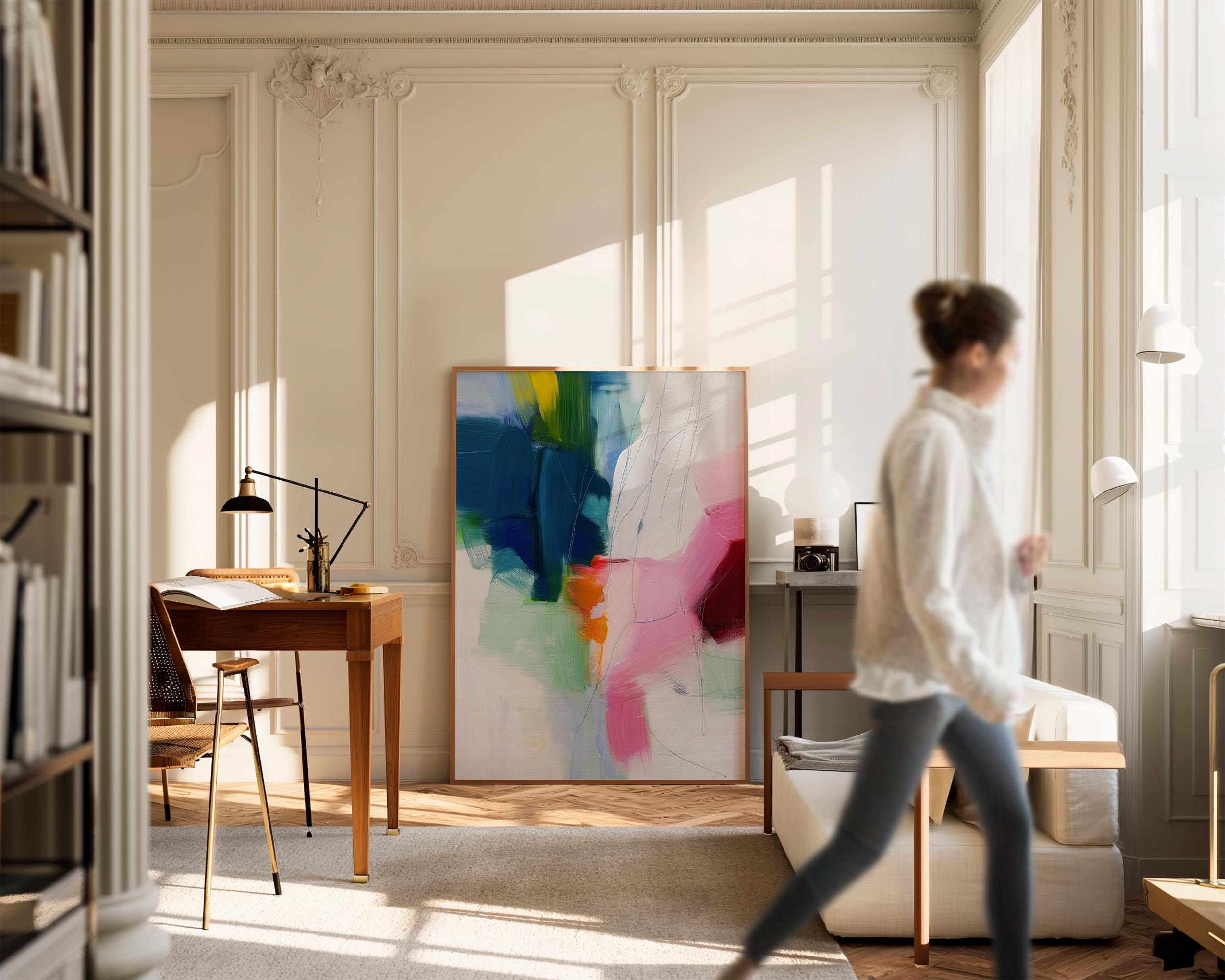 Framed vertical abstract canvas in a bold preppy style with rich navy, blush pink, coral orange, and soft mint. Contemporary painterly texture with expressive brushwork and linear detailing. Ideal for interior designers and stylists seeking statement wall art with a fresh, high-contrast palette. Vertical format styled for modern bedrooms, offices, or boutique interiors.