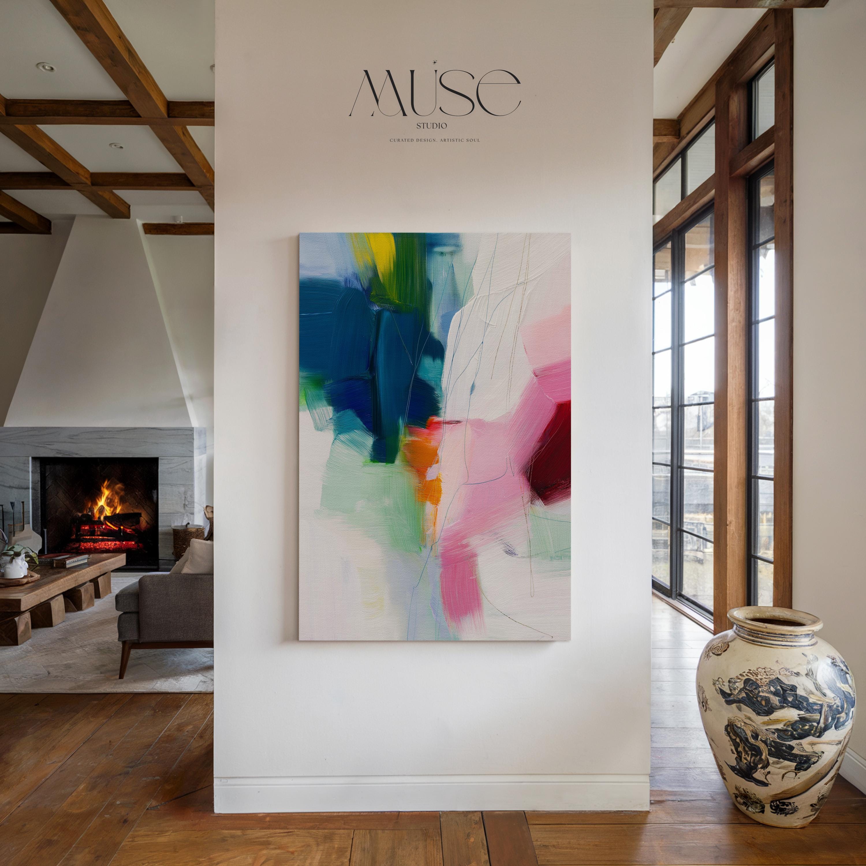 Bold vertical canvas wall art featuring an abstract composition of navy, hot pink, coral, mint, and orange. Expressive brushstrokes and dynamic texture create a preppy contemporary aesthetic ideal for designers and modern interiors. Styled for vertical placement in offices, bedrooms, or colorful wall vignettes.