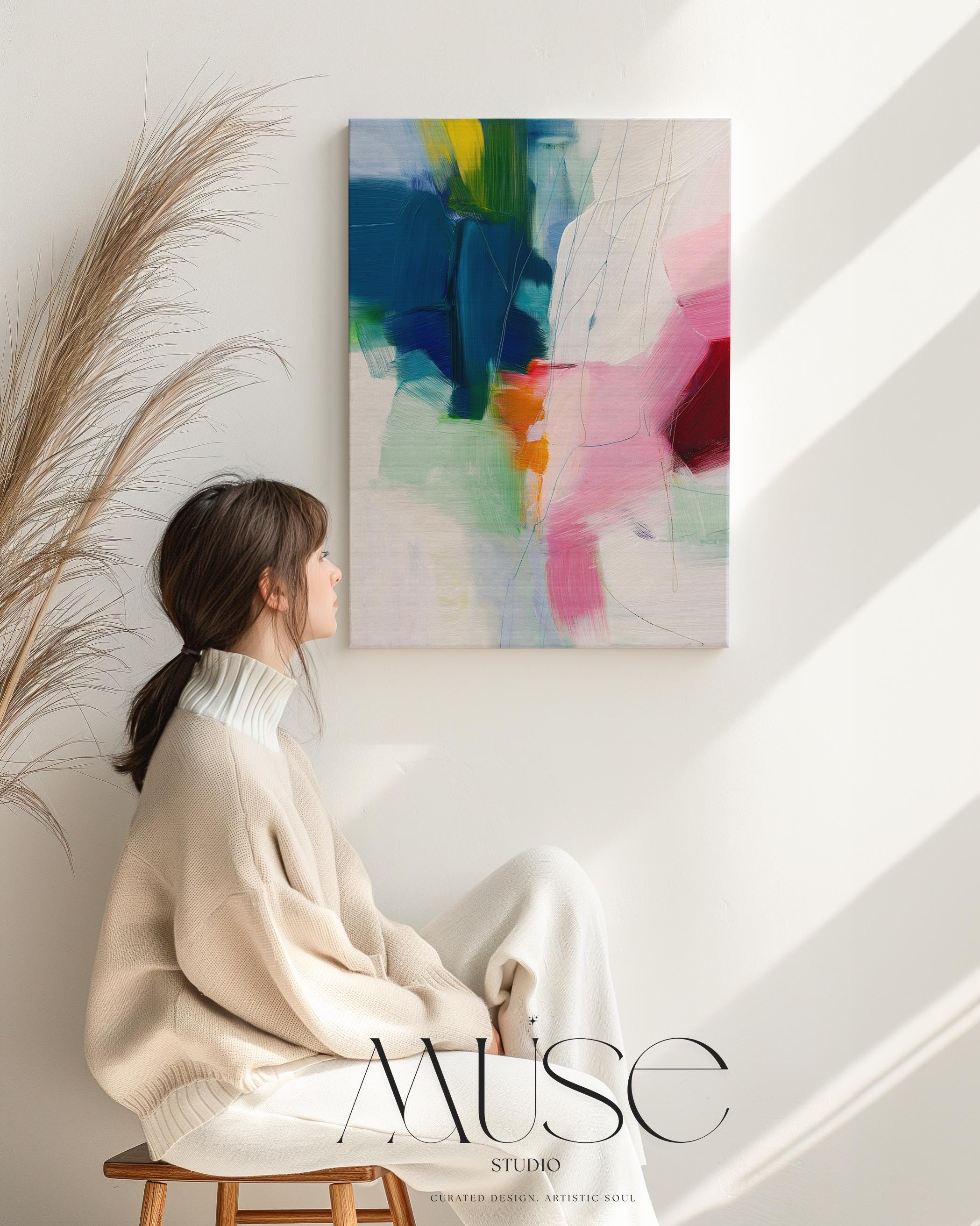 Canvas Wall Art Abstract Pink Navy Blue Orange Large Vertical Bold Contemporary Modern Art for Office or Bedroom Preppy Decor 482