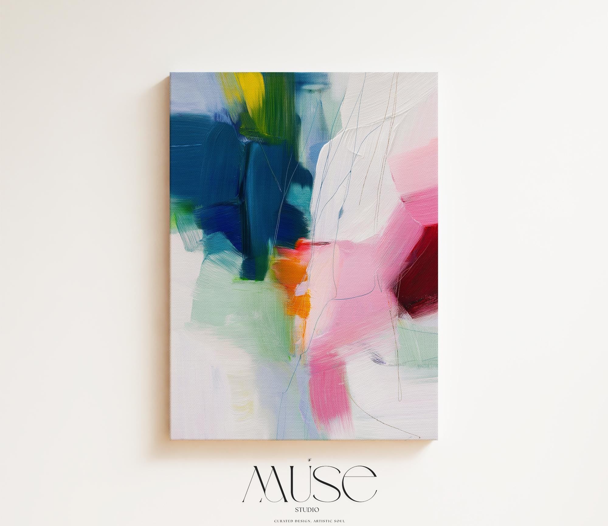 Bold vertical canvas wall art featuring an abstract composition of navy, hot pink, coral, mint, and orange. Expressive brushstrokes and dynamic texture create a preppy contemporary aesthetic ideal for designers and modern interiors. Styled for vertical placement in offices, bedrooms, or colorful wall vignettes.