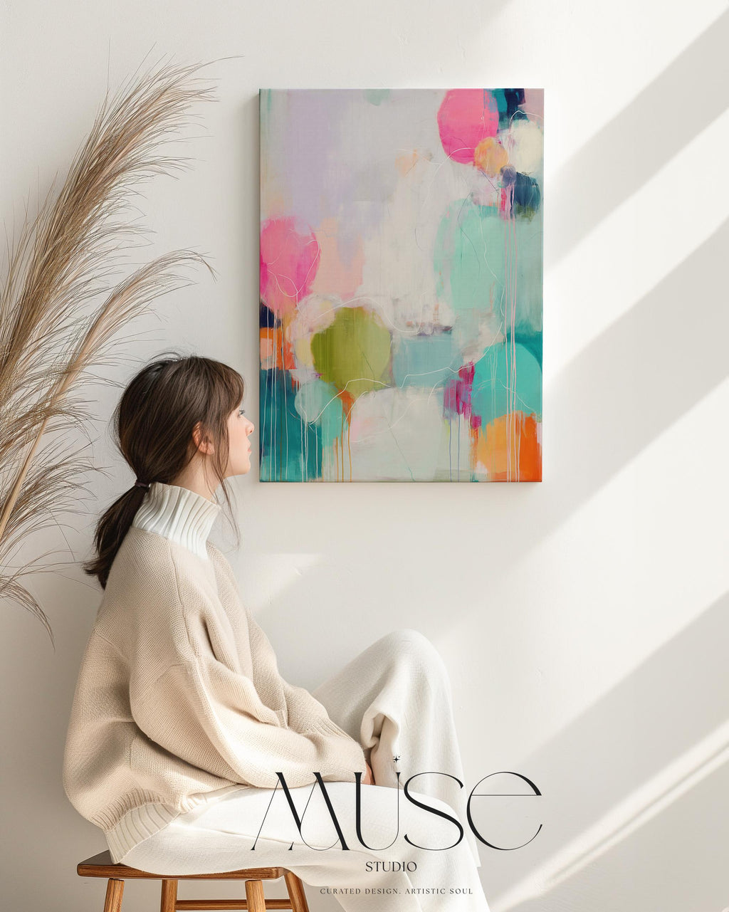 Muse Studio framed canvas art in aqua, lime green, pink, and lavender color pop abstract style, printed with museum-grade giclée inks on premium artist-grade canvas, available as vertical wall art with custom wood frame options, styled in a modern office, bedroom, or vibrant living room.
