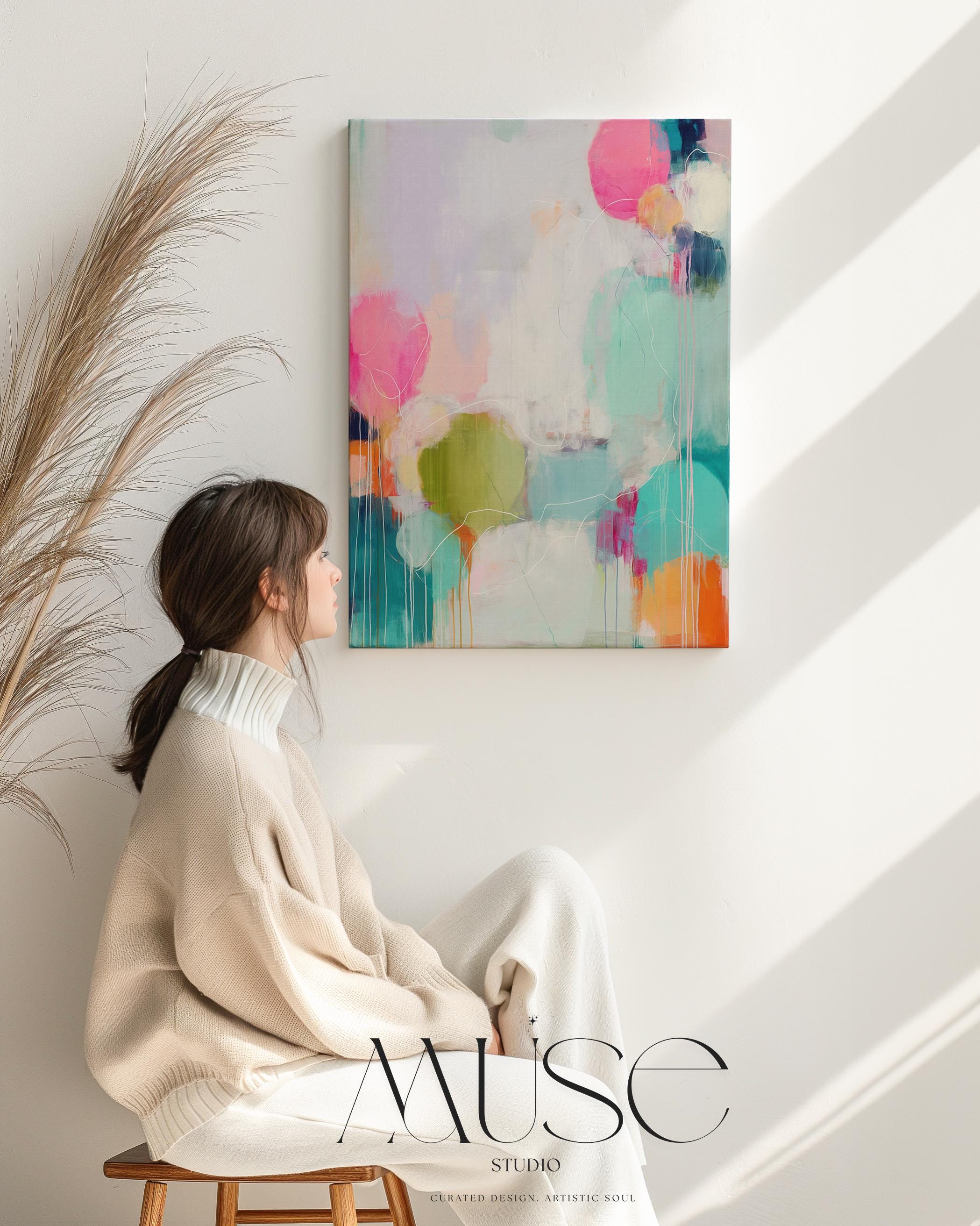 Muse Studio framed canvas art in aqua, lime green, pink, and lavender color pop abstract style, printed with museum-grade giclée inks on premium artist-grade canvas, available as vertical wall art with custom wood frame options, styled in a modern office, bedroom, or vibrant living room.