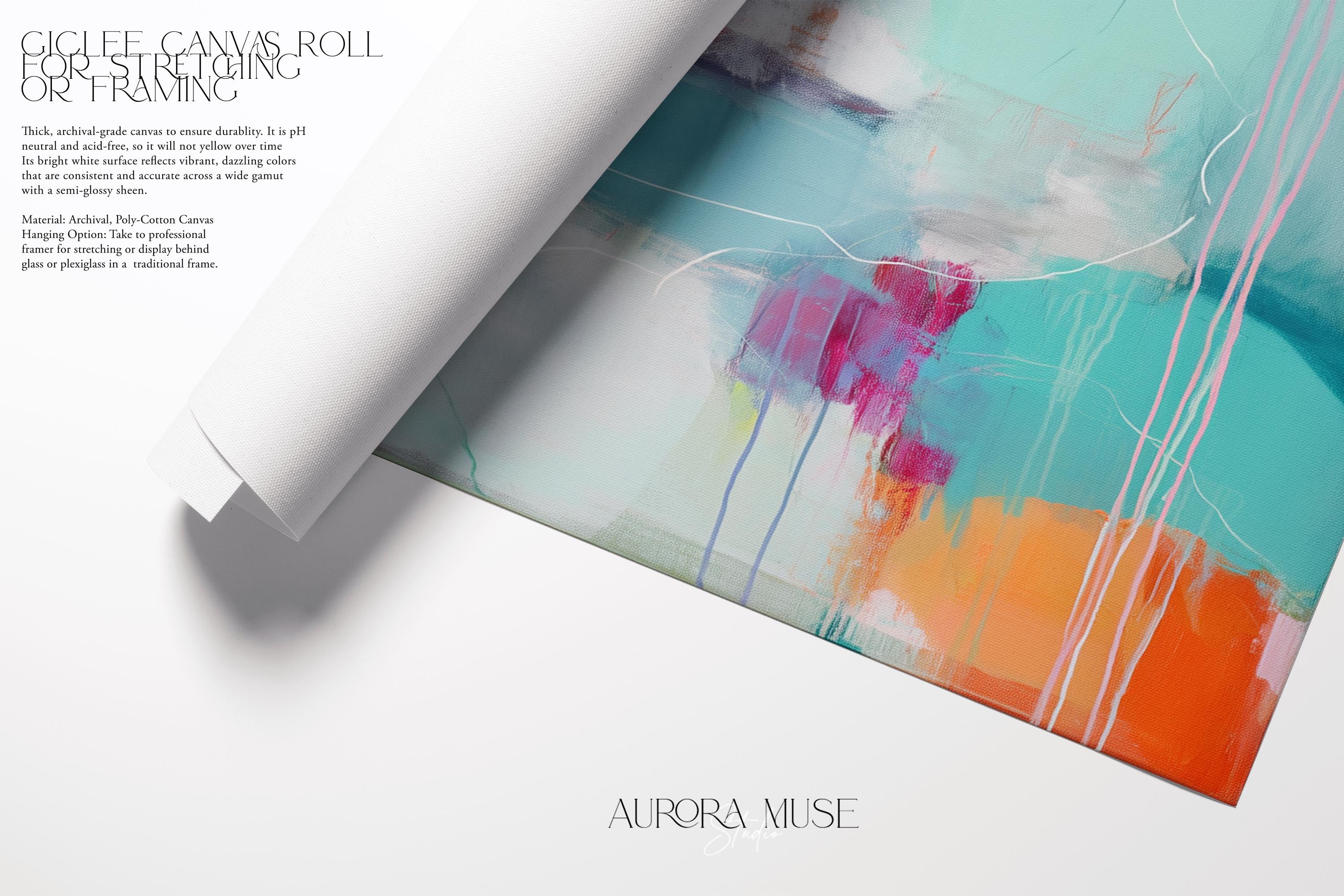 Vertical giclée poster print featuring colorful abstract forms in bright pink, citrus green, aqua blue, and lavender on a pale background. The energetic drips and layered shapes create a playful, modern composition. Ideal for bedroom, office, or bold hallway styling. Available as a fine art poster or canvas wall art for curated, color-forward decor.
