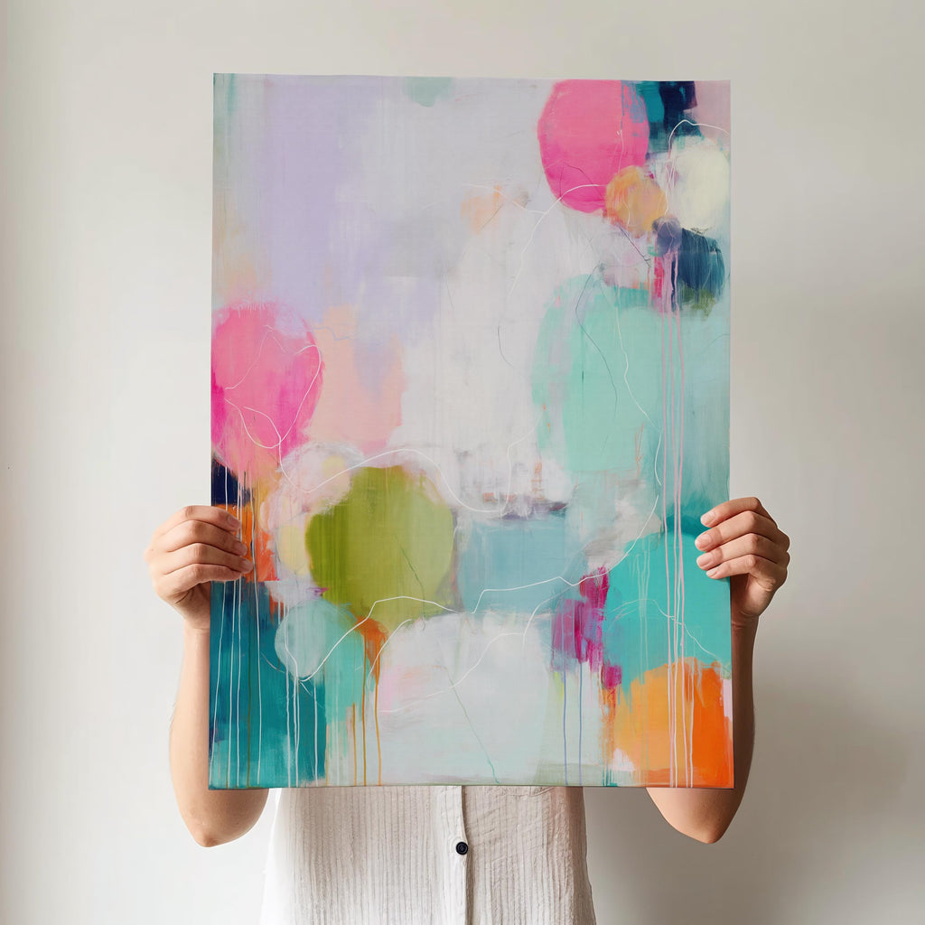 Vertical giclée poster print featuring colorful abstract forms in bright pink, citrus green, aqua blue, and lavender on a pale background. The energetic drips and layered shapes create a playful, modern composition. Ideal for bedroom, office, or bold hallway styling. Available as a fine art poster or canvas wall art for curated, color-forward decor.