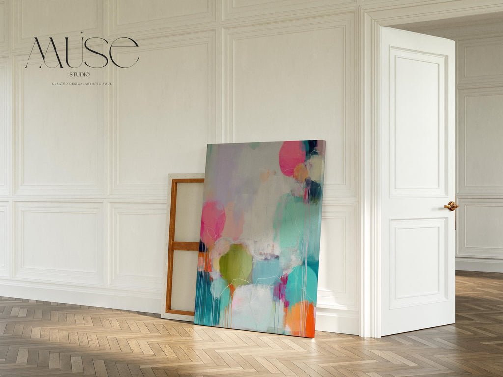 Vertical giclée poster print featuring colorful abstract forms in bright pink, citrus green, aqua blue, and lavender on a pale background. The energetic drips and layered shapes create a playful, modern composition. Ideal for bedroom, office, or bold hallway styling. Available as a fine art poster or canvas wall art for curated, color-forward decor.