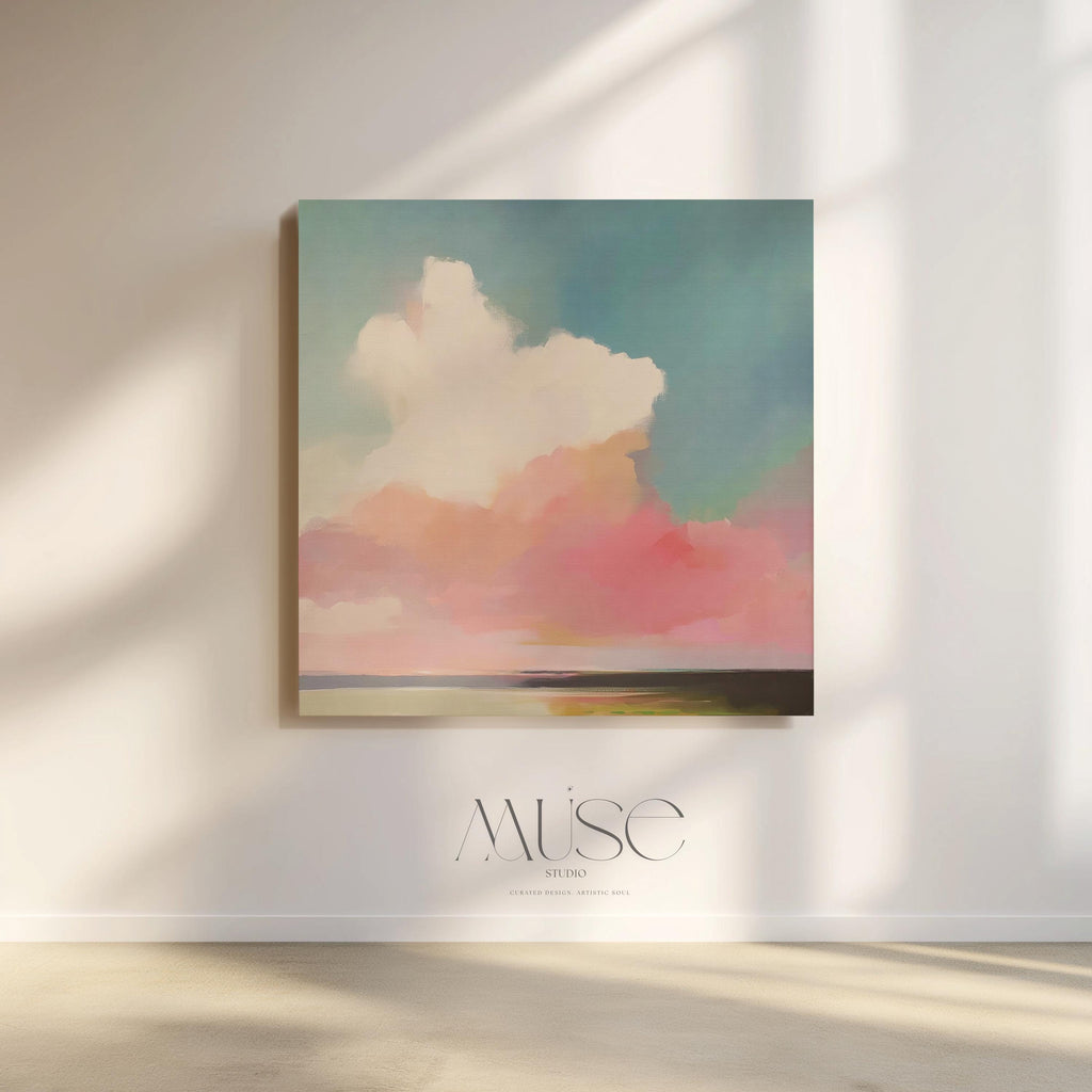 Square abstract canvas wall art of a soft pastel sky with cloud and ocean horizon. Blush, coral, and teal tones create a warm minimalist aesthetic ideal for modern bedrooms or calm office decor. Available as a fine art giclée print for framing in curated interiors.