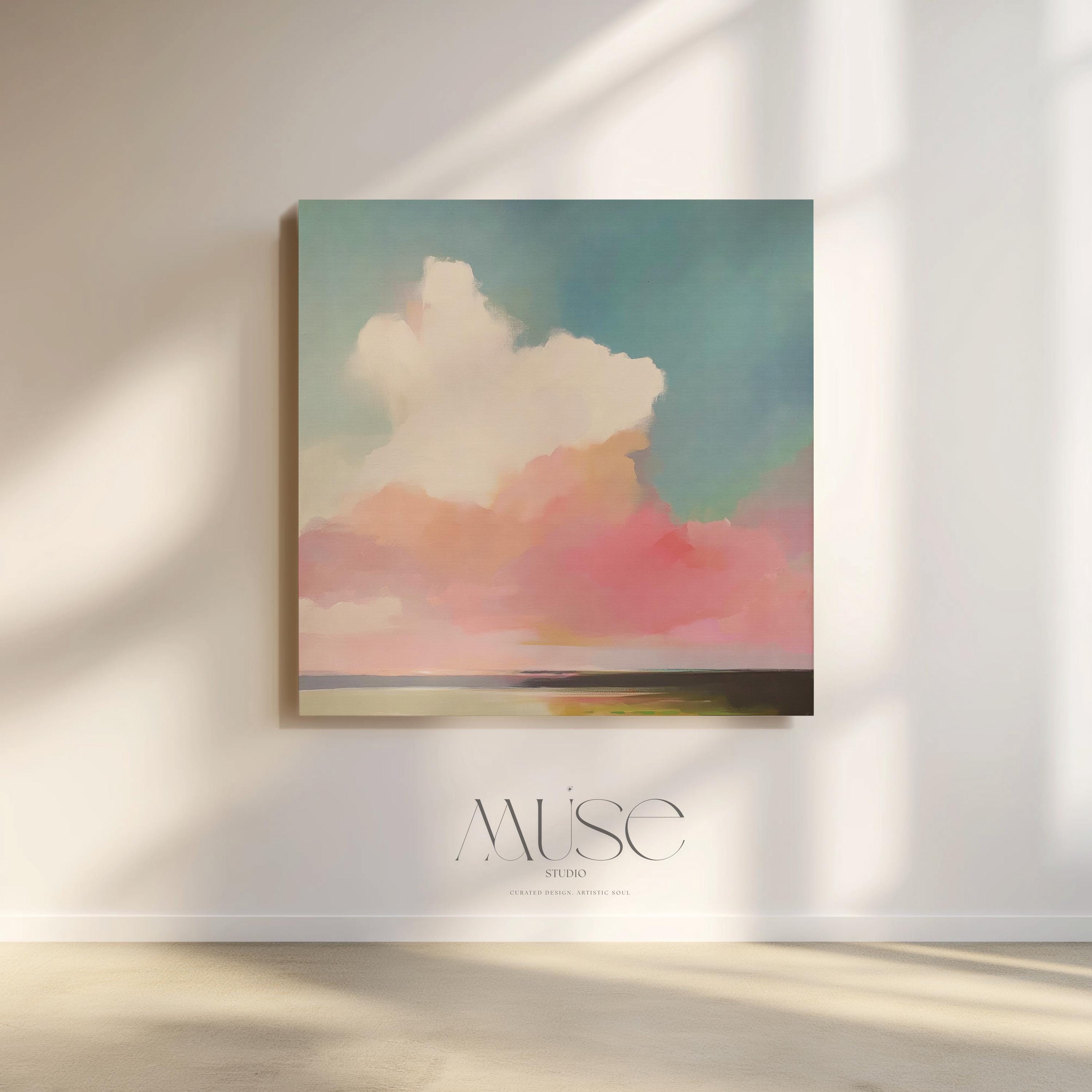 Square abstract canvas wall art of a soft pastel sky with cloud and ocean horizon. Blush, coral, and teal tones create a warm minimalist aesthetic ideal for modern bedrooms or calm office decor. Available as a fine art giclée print for framing in curated interiors.