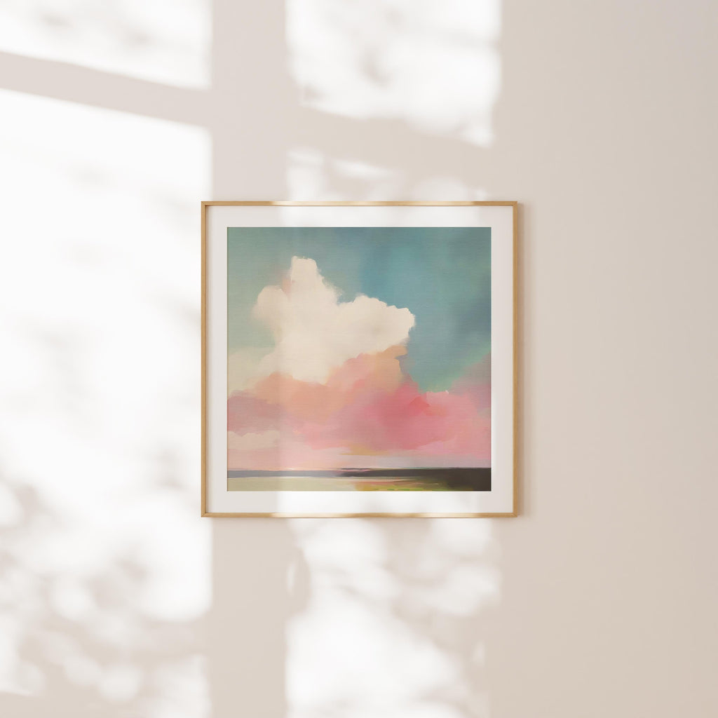 Square abstract canvas wall art of a soft pastel sky with cloud and ocean horizon. Blush, coral, and teal tones create a warm minimalist aesthetic ideal for modern bedrooms or calm office decor. Available as a fine art giclée print for framing in curated interiors.