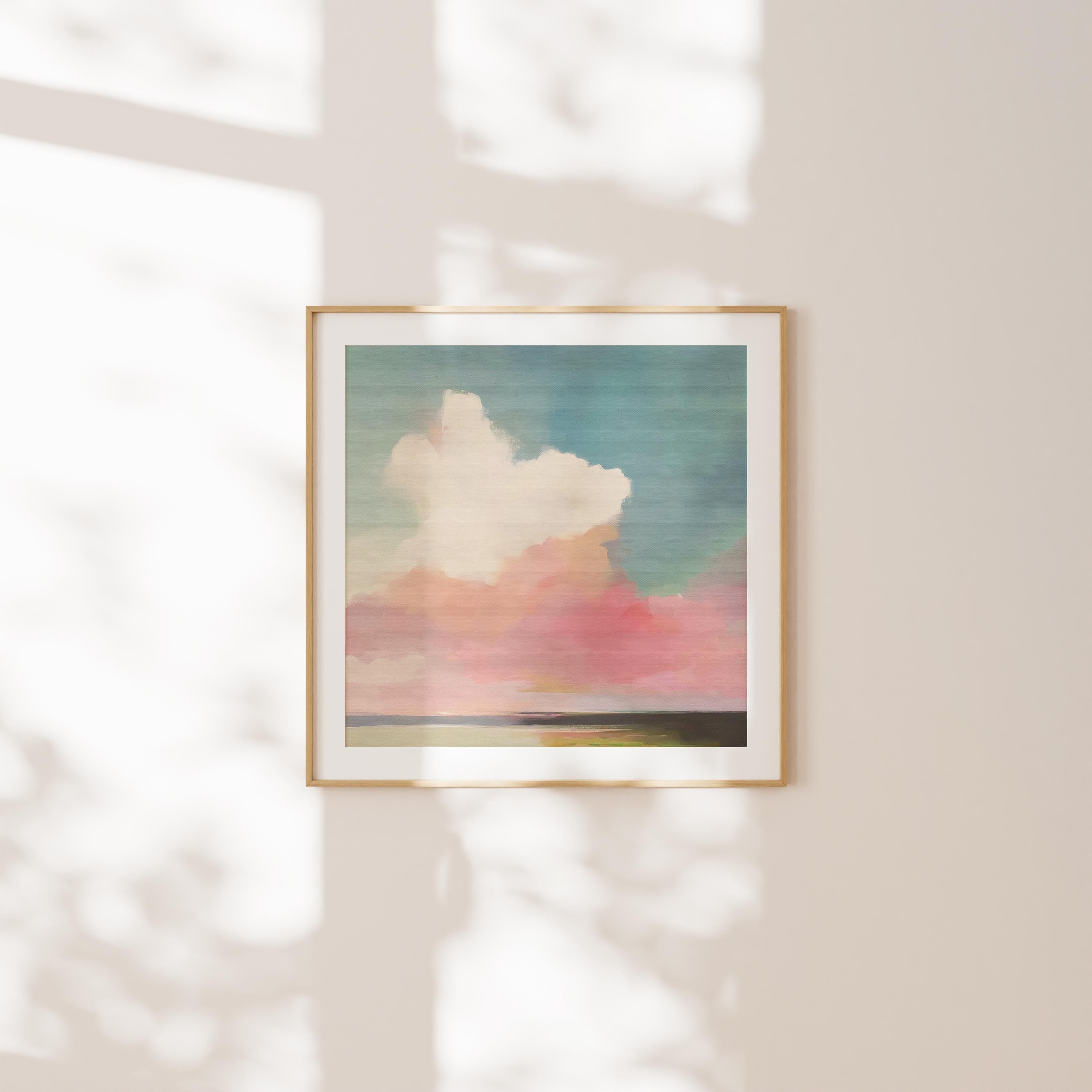 Square abstract canvas wall art of a soft pastel sky with cloud and ocean horizon. Blush, coral, and teal tones create a warm minimalist aesthetic ideal for modern bedrooms or calm office decor. Available as a fine art giclée print for framing in curated interiors.