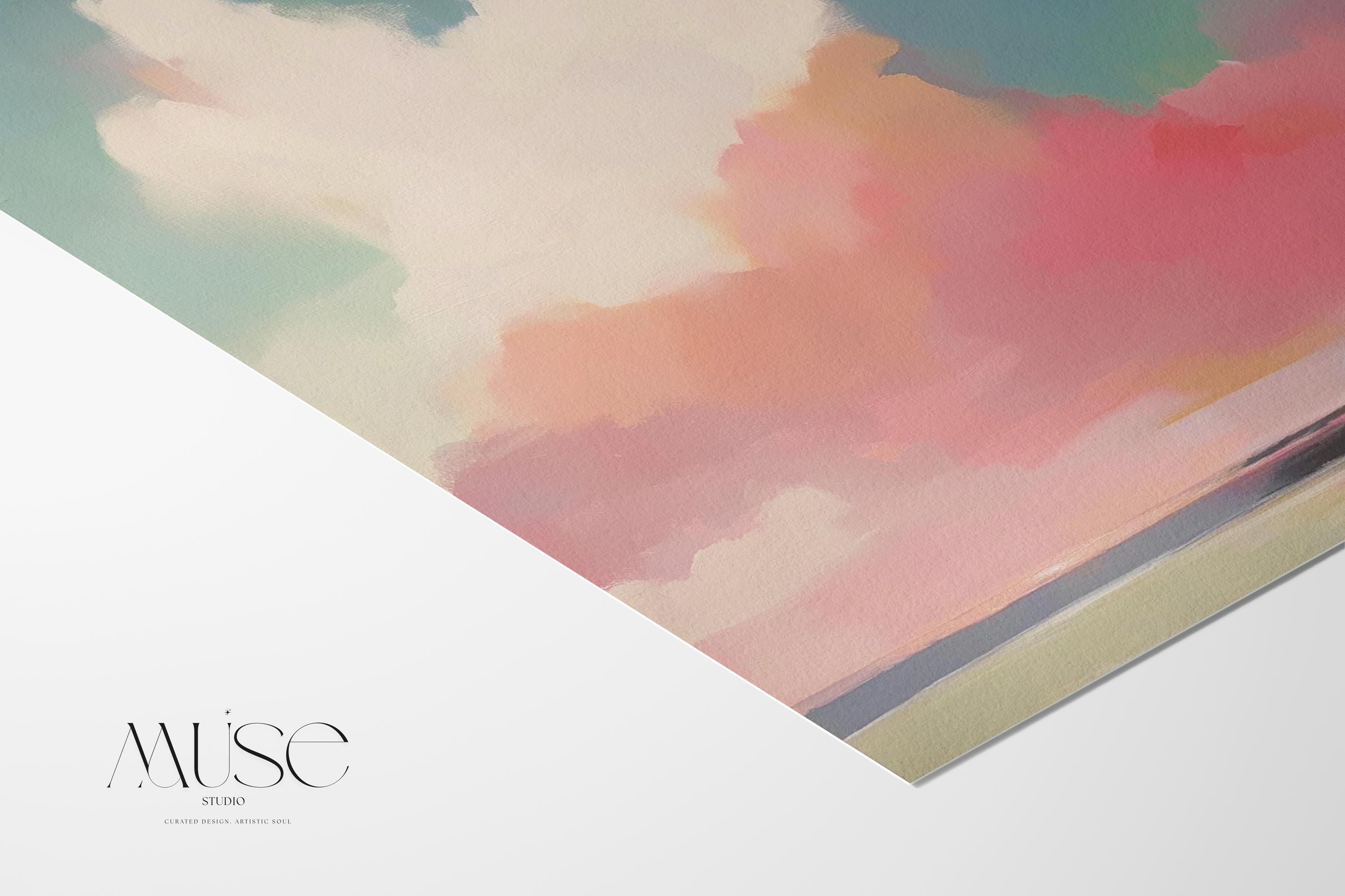 Square abstract canvas wall art of a soft pastel sky with cloud and ocean horizon. Blush, coral, and teal tones create a warm minimalist aesthetic ideal for modern bedrooms or calm office decor. Available as a fine art giclée print for framing in curated interiors.