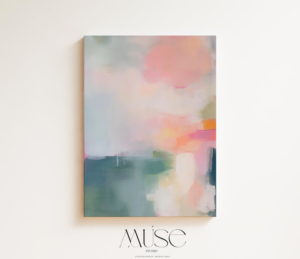 Vertical giclée art print in soft pastels featuring abstract brushstrokes in blush, sage, peach, and teal. Styled in a minimalist setting, this fine art poster brings calm and modern elegance to bedroom or entryway spaces. Available as a fine art poster or canvas wall art for curated, color-forward decor.