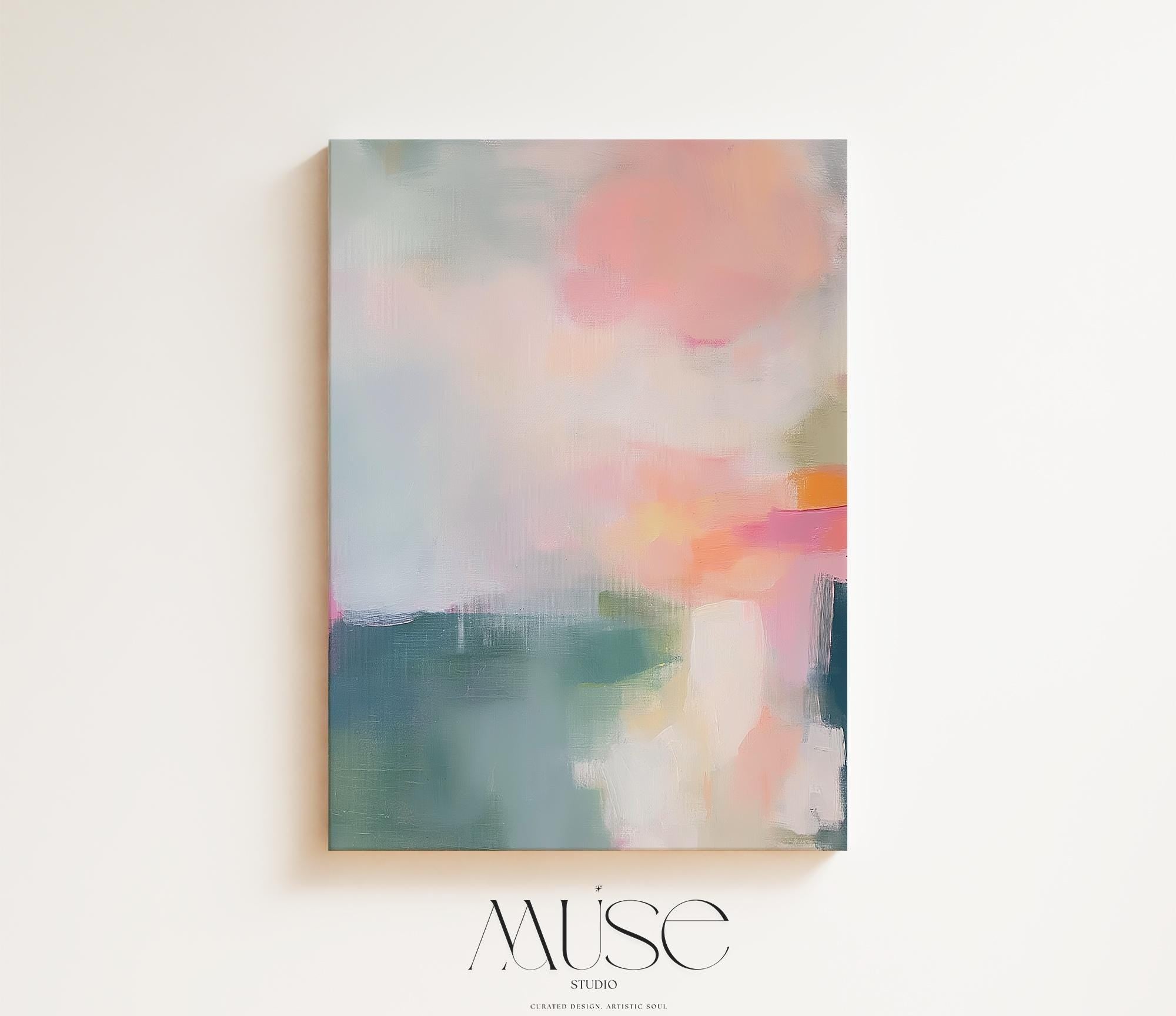 Vertical giclée art print in soft pastels featuring abstract brushstrokes in blush, sage, peach, and teal. Styled in a minimalist setting, this fine art poster brings calm and modern elegance to bedroom or entryway spaces. Available as a fine art poster or canvas wall art for curated, color-forward decor.