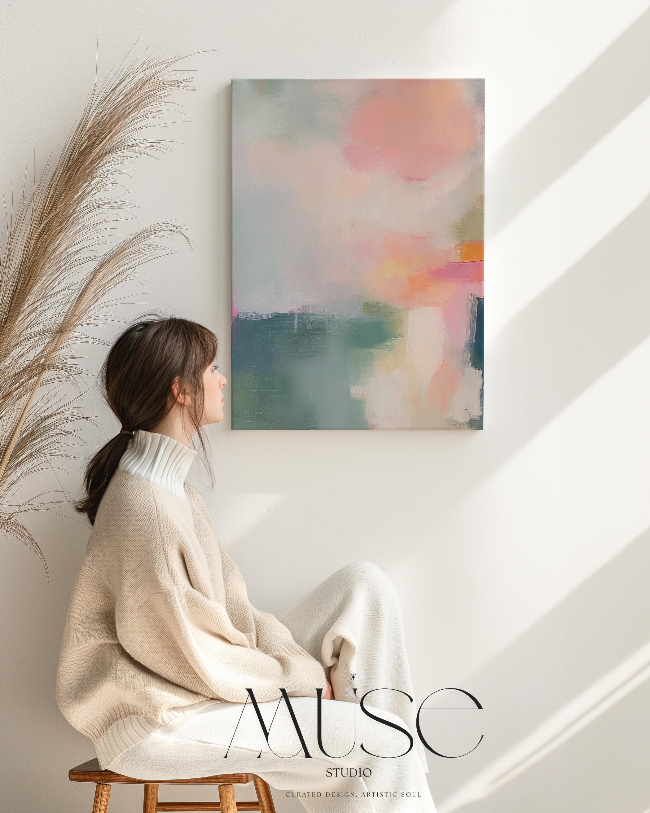 Vertical giclée art print in soft pastels featuring abstract brushstrokes in blush, sage, peach, and teal. Styled in a minimalist setting, this fine art poster brings calm and modern elegance to bedroom or entryway spaces. Available as a fine art poster or canvas wall art for curated, color-forward decor.