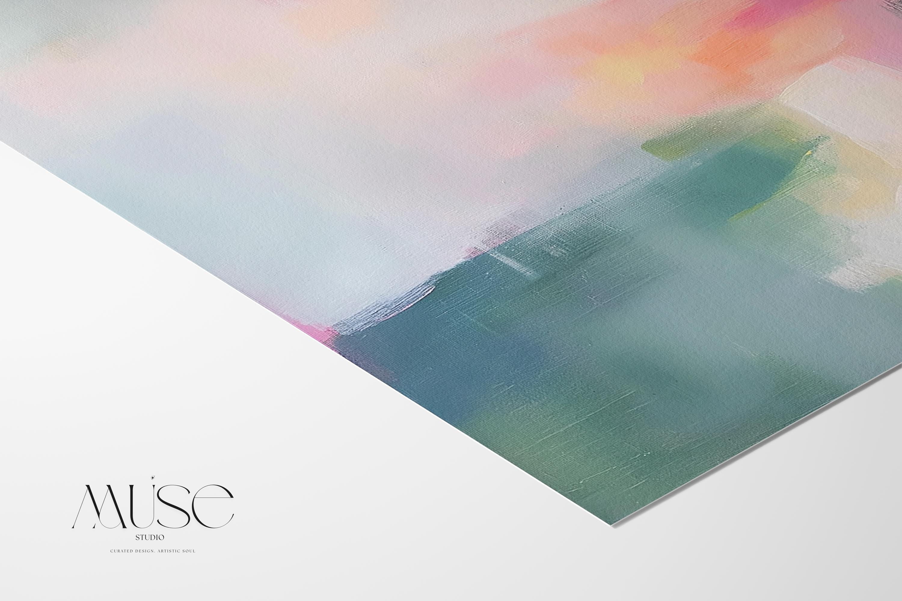 Framed giclée poster print of a soft blush and sage abstract with peach, coral, and teal tones in a vertical layout. Displayed in a light-filled modern interior with natural wood accents. Available as a fine art poster or canvas wall art for curated, color-forward decor.