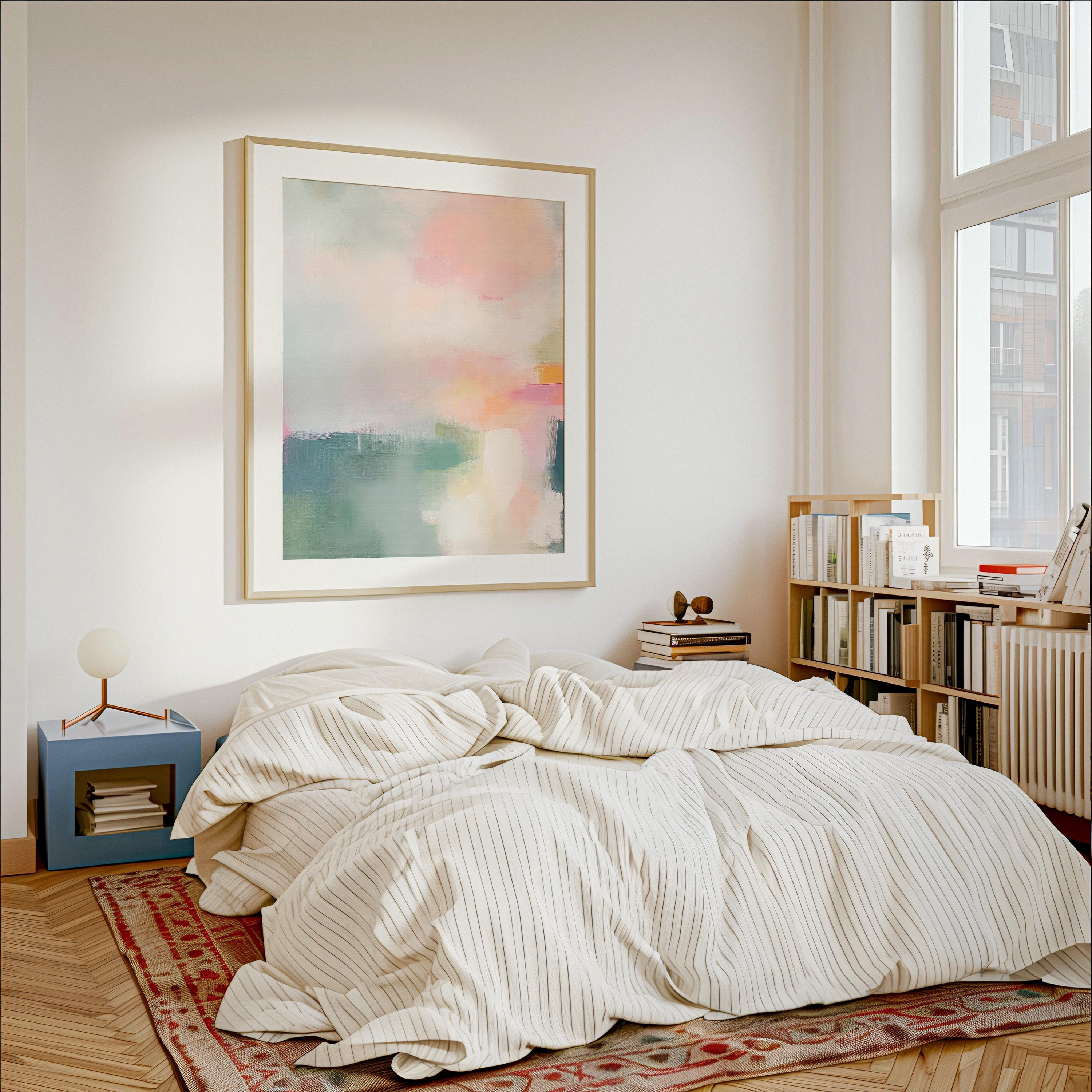 Framed giclée poster print of a soft blush and sage abstract with peach, coral, and teal tones in a vertical layout. Displayed in a light-filled modern interior with natural wood accents. Available as a fine art poster or canvas wall art for curated, color-forward decor.
