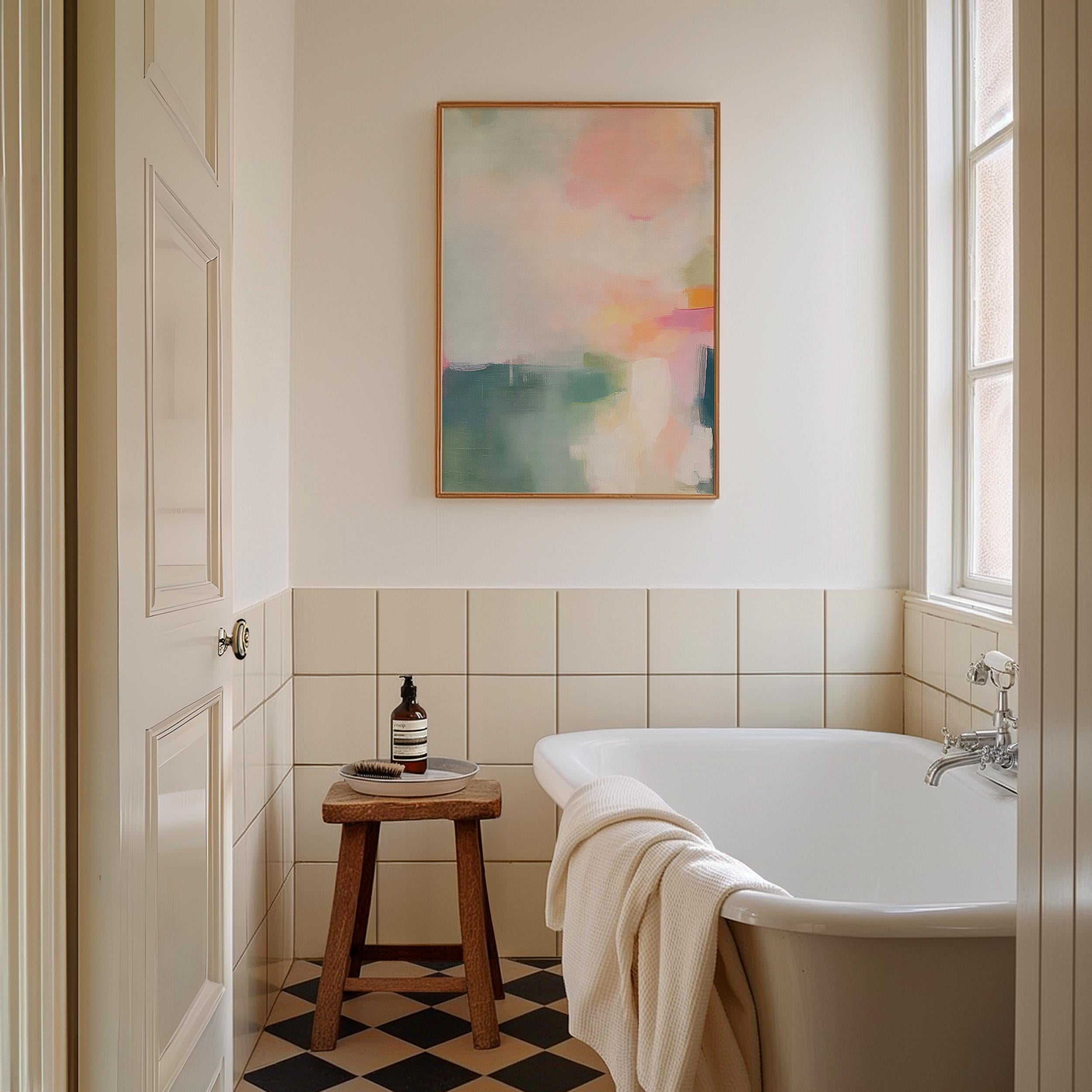Framed giclée poster print of a soft blush and sage abstract with peach, coral, and teal tones in a vertical layout. Displayed in a light-filled modern interior with natural wood accents. Available as a fine art poster or canvas wall art for curated, color-forward decor.