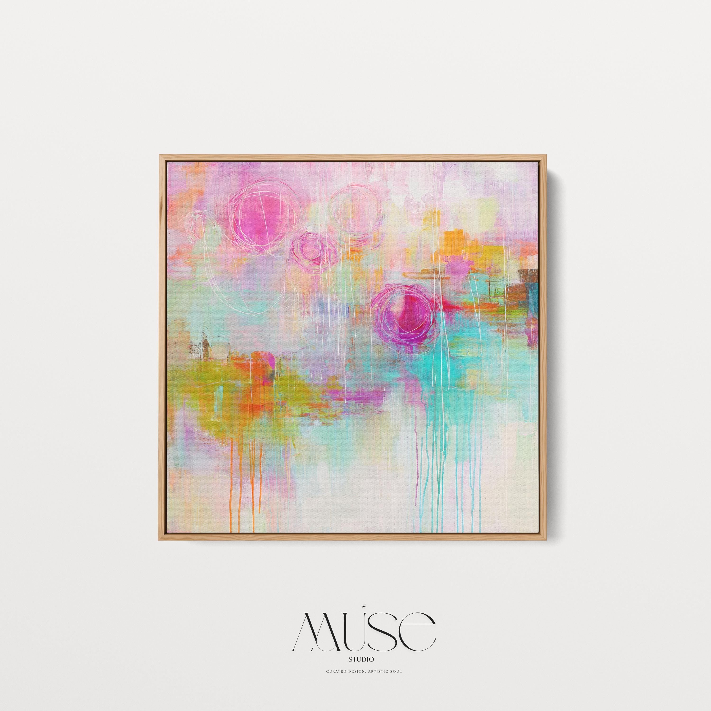 Colorful Abstract Canvas Wall Art Bright Pink Turquoise Orange Square Painting Pop Boho Decor for Living Room or Office 483