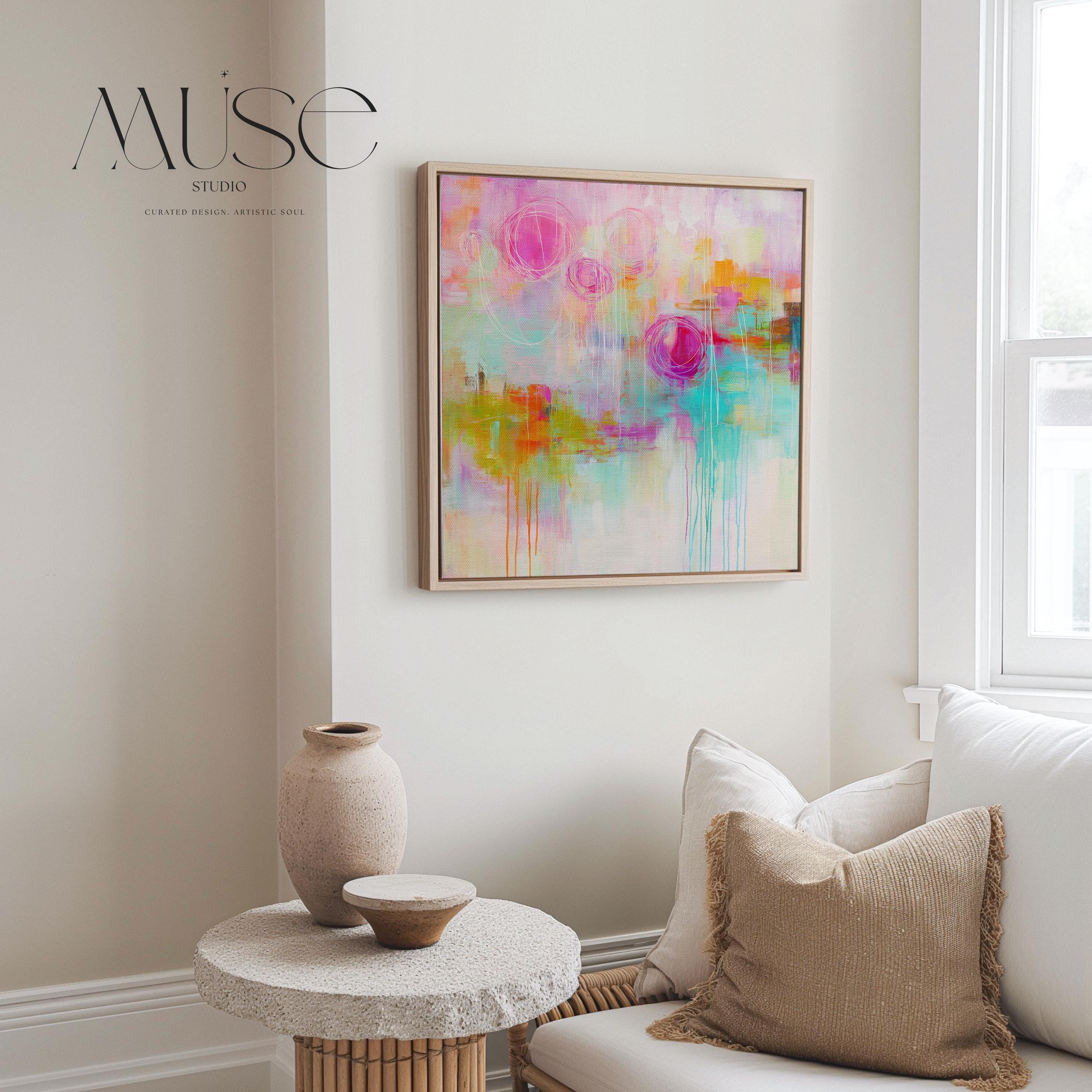 Colorful Abstract Canvas Wall Art Bright Pink Turquoise Orange Square Painting Pop Boho Decor for Living Room or Office 483