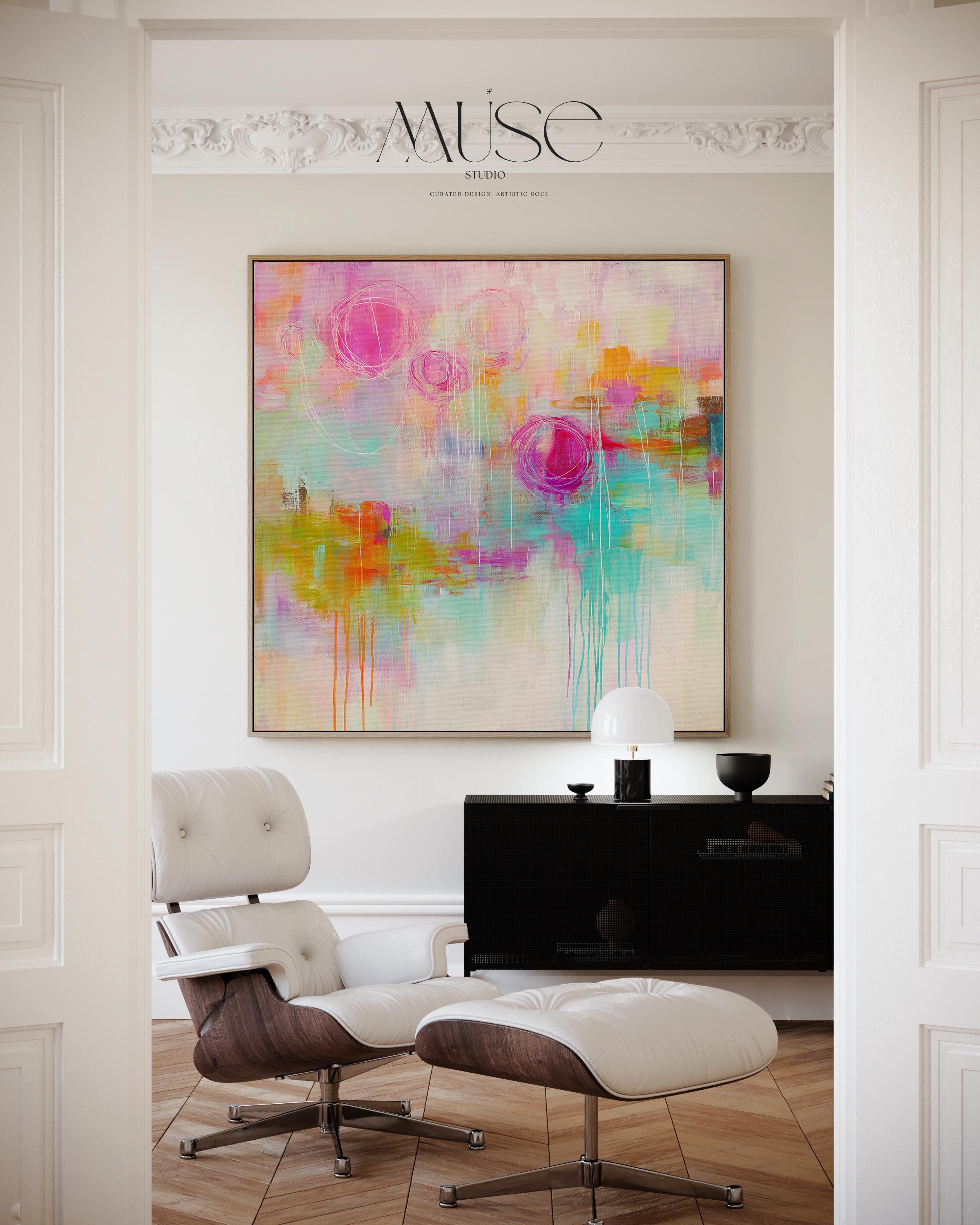 Colorful Abstract Canvas Wall Art Bright Pink Turquoise Orange Square Painting Pop Boho Decor for Living Room or Office 483