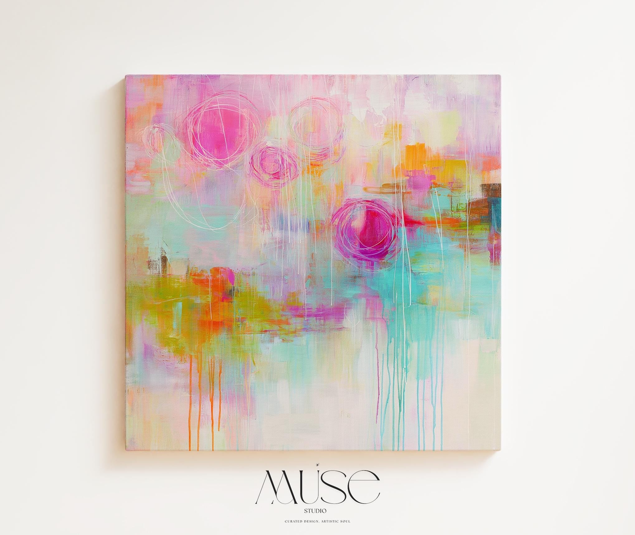 Alt text
Muse Studio colorful abstract canvas wall art in pink, aqua, tangerine, and gold, printed with museum-grade giclée inks on premium artist-grade canvas with a matte finish, available as stretched or rolled canvas, styled in a modern boho living room.