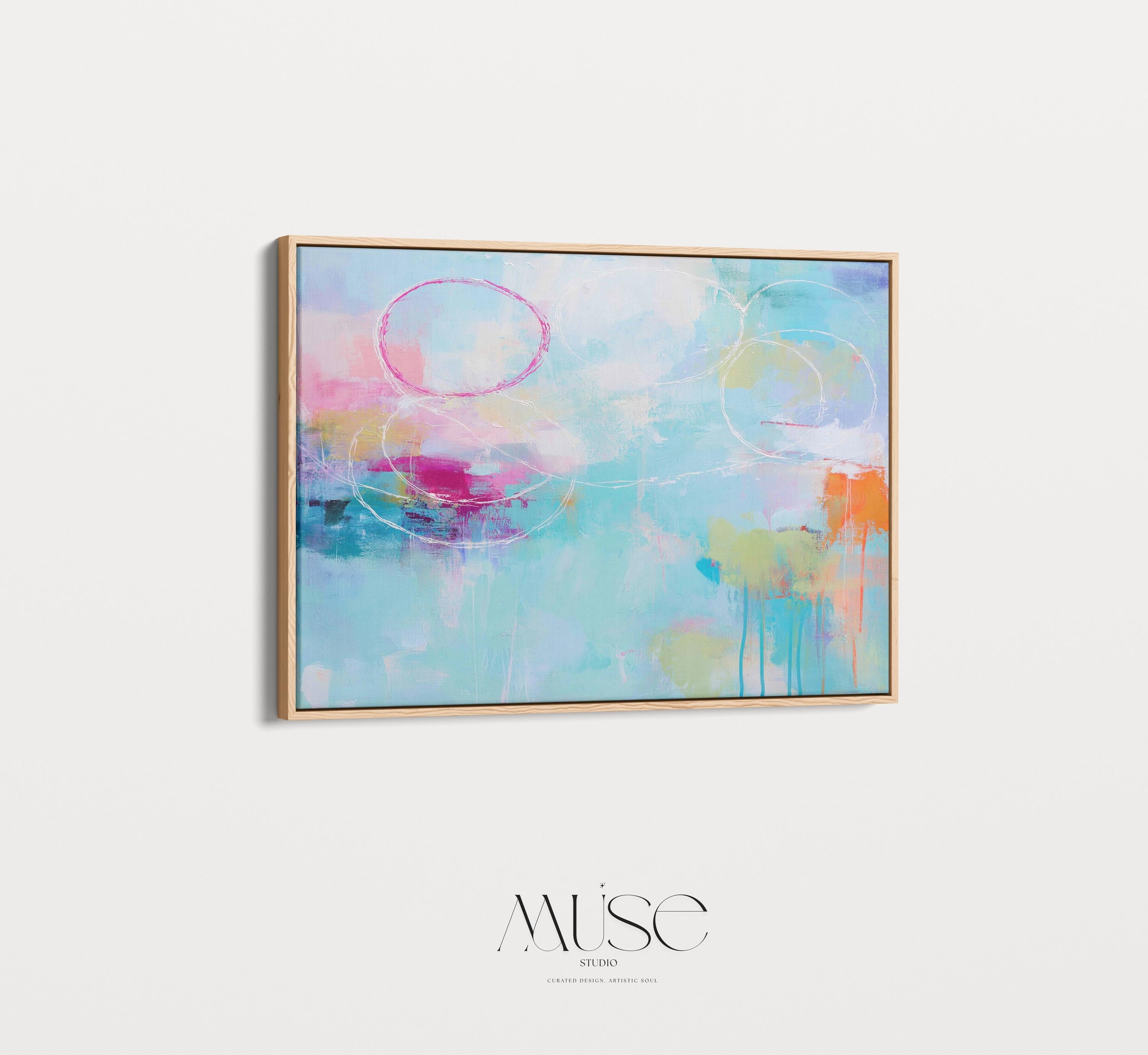 Soft Contemporary Abstract Wall Art Aqua Pink and Orange Horizontal Framed Canvas Coastal Horizon Painting for Living Room or Bedroom 484