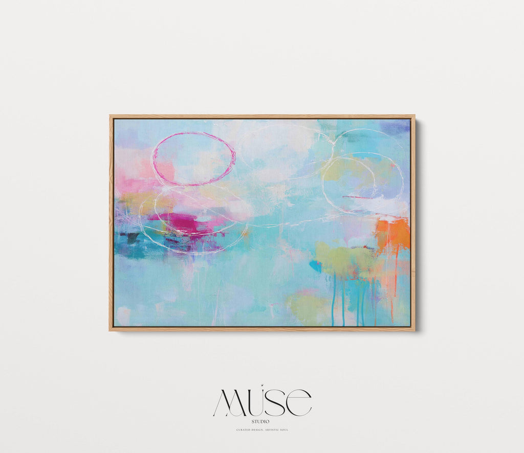 Soft Contemporary Abstract Wall Art Aqua Pink and Orange Horizontal Framed Canvas Coastal Horizon Painting for Living Room or Bedroom 484