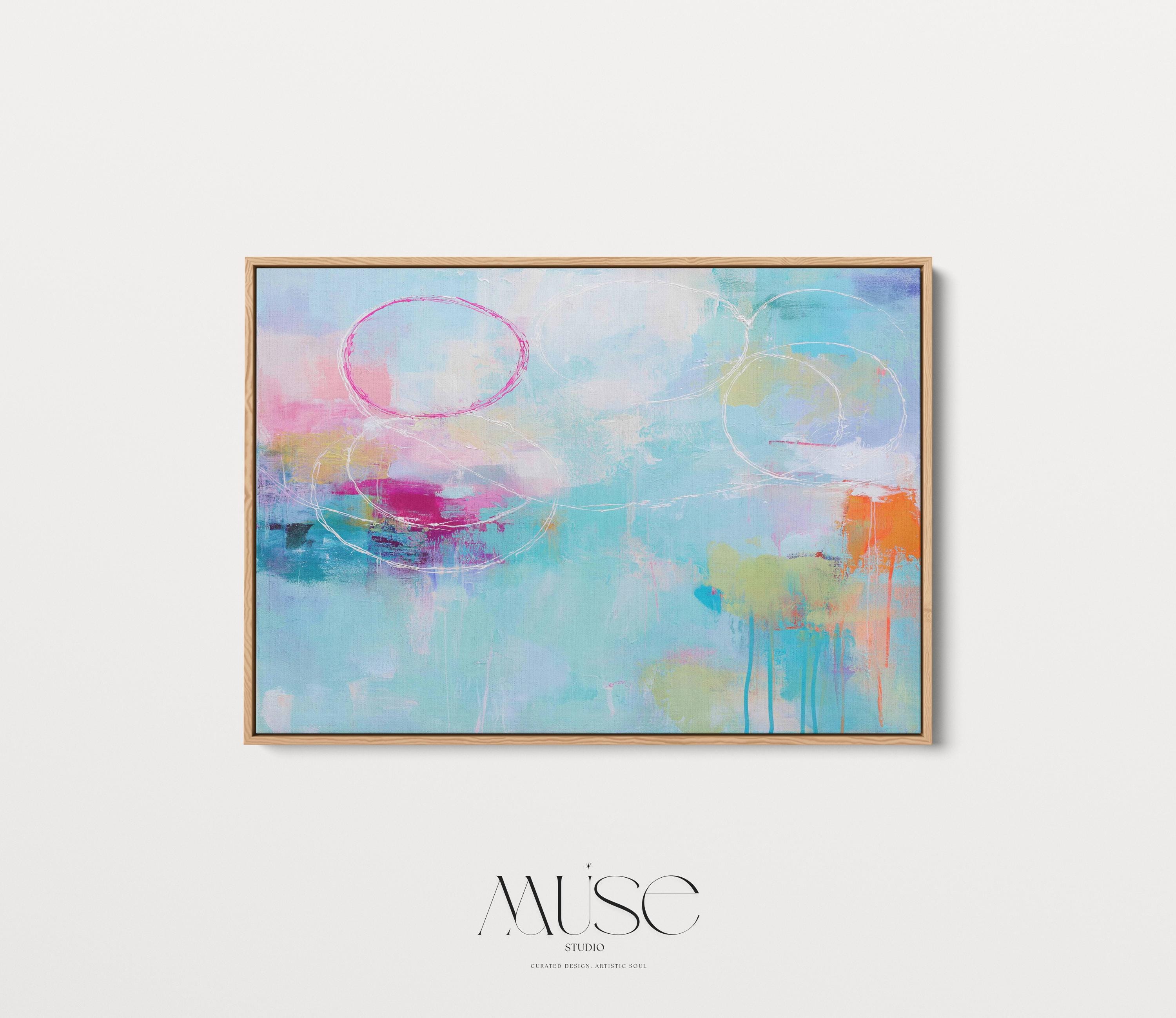 Soft Contemporary Abstract Wall Art Aqua Pink and Orange Horizontal Framed Canvas Coastal Horizon Painting for Living Room or Bedroom 484