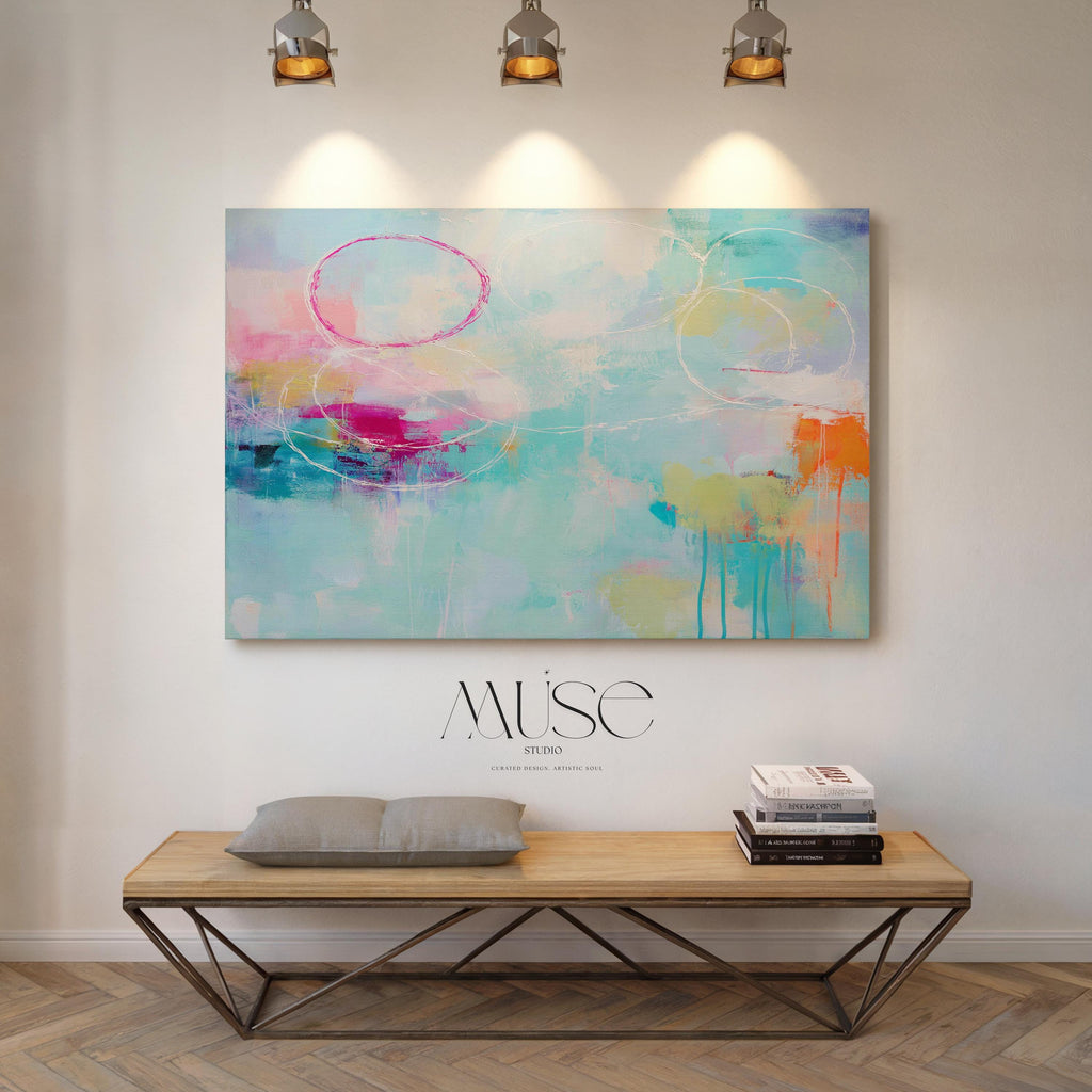 Horizontal Abstract Canvas Wall Art Aqua Blush and Orange Painting Soft Contemporary Decor Coastal Horizon Living Room Art Muse Studio 484
