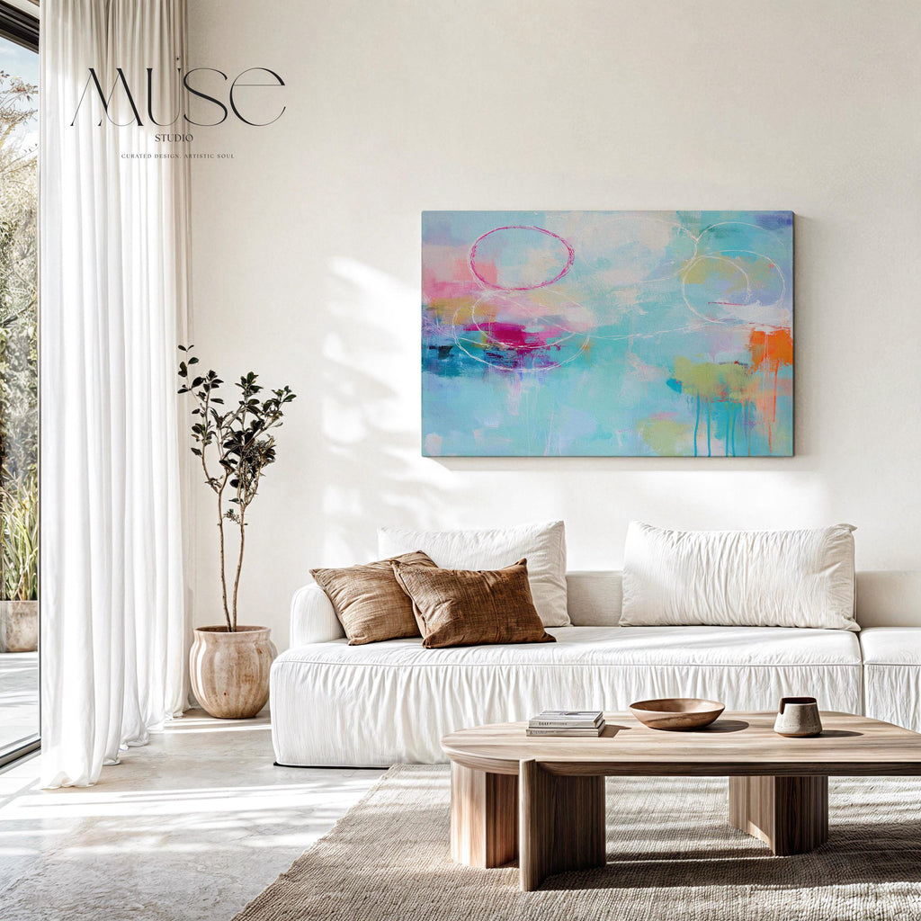 Horizontal Abstract Canvas Wall Art Aqua Blush and Orange Painting Soft Contemporary Decor Coastal Horizon Living Room Art Muse Studio 484