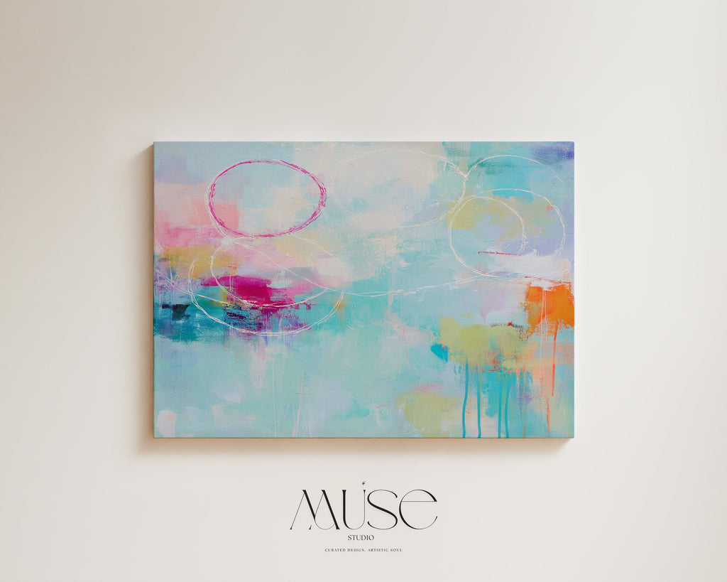 Horizontal Abstract Canvas Wall Art Aqua Blush and Orange Painting Soft Contemporary Decor Coastal Horizon Living Room Art Muse Studio 484