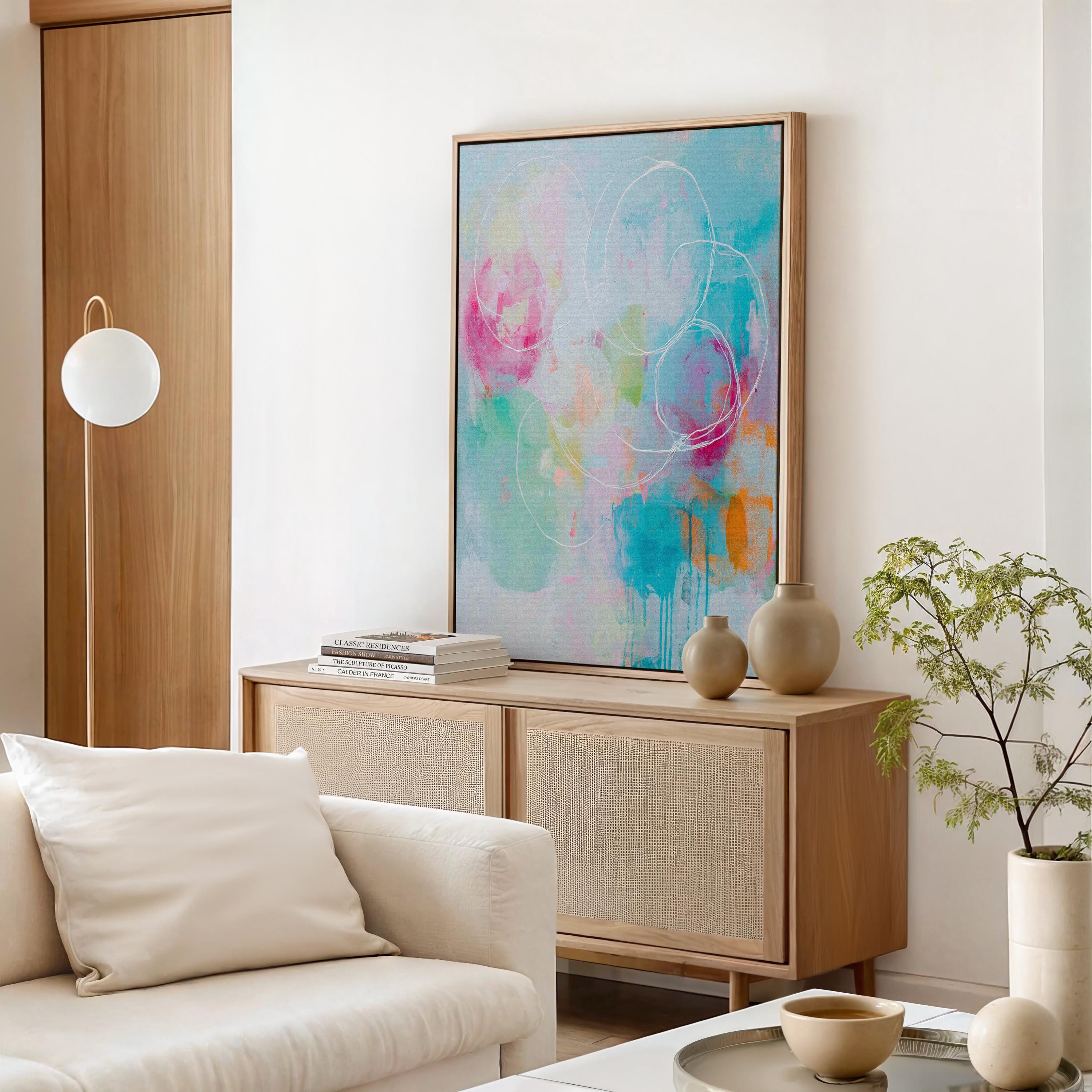 Vertical Canvas Wall Art Pink Aqua and Orange Abstract Painting Preppy Soft Art Modern Living Room Decor Framed Pastel Statement Muse 485