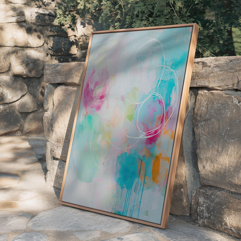 Vertical Canvas Wall Art Pink Aqua and Orange Abstract Painting Preppy Soft Art Modern Living Room Decor Framed Pastel Statement Muse 485