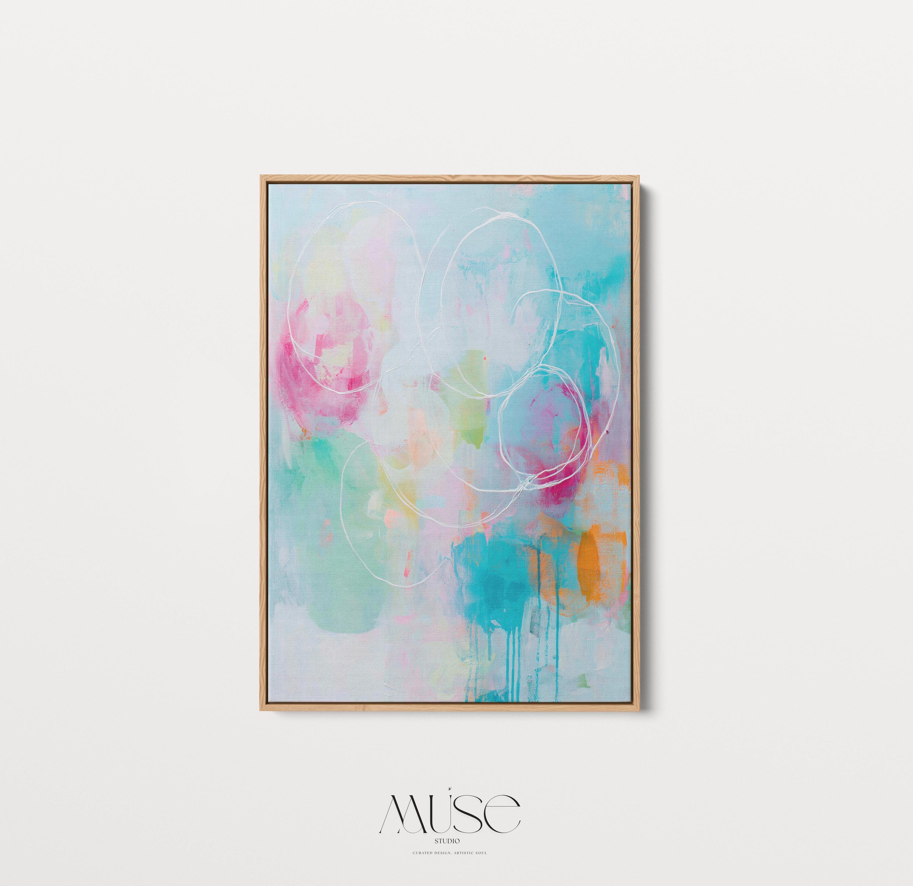Vertical Canvas Wall Art Pink Aqua and Orange Abstract Painting Preppy Soft Art Modern Living Room Decor Framed Pastel Statement Muse 485