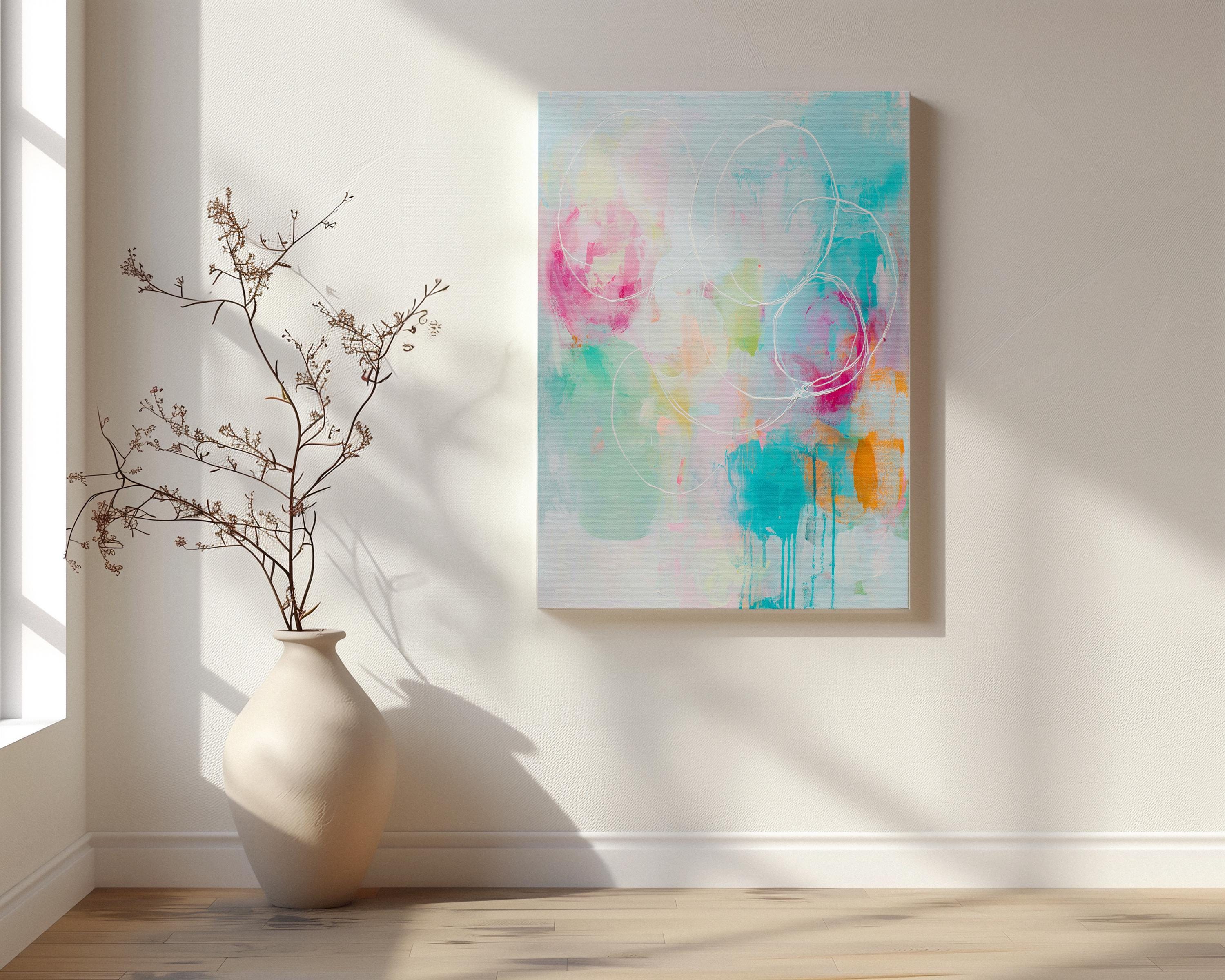 Abstract Circle Canvas Art Pink Teal and Orange Wall Decor Soft Contemporary Preppy Style for Bedroom or Entryway Vertical 485