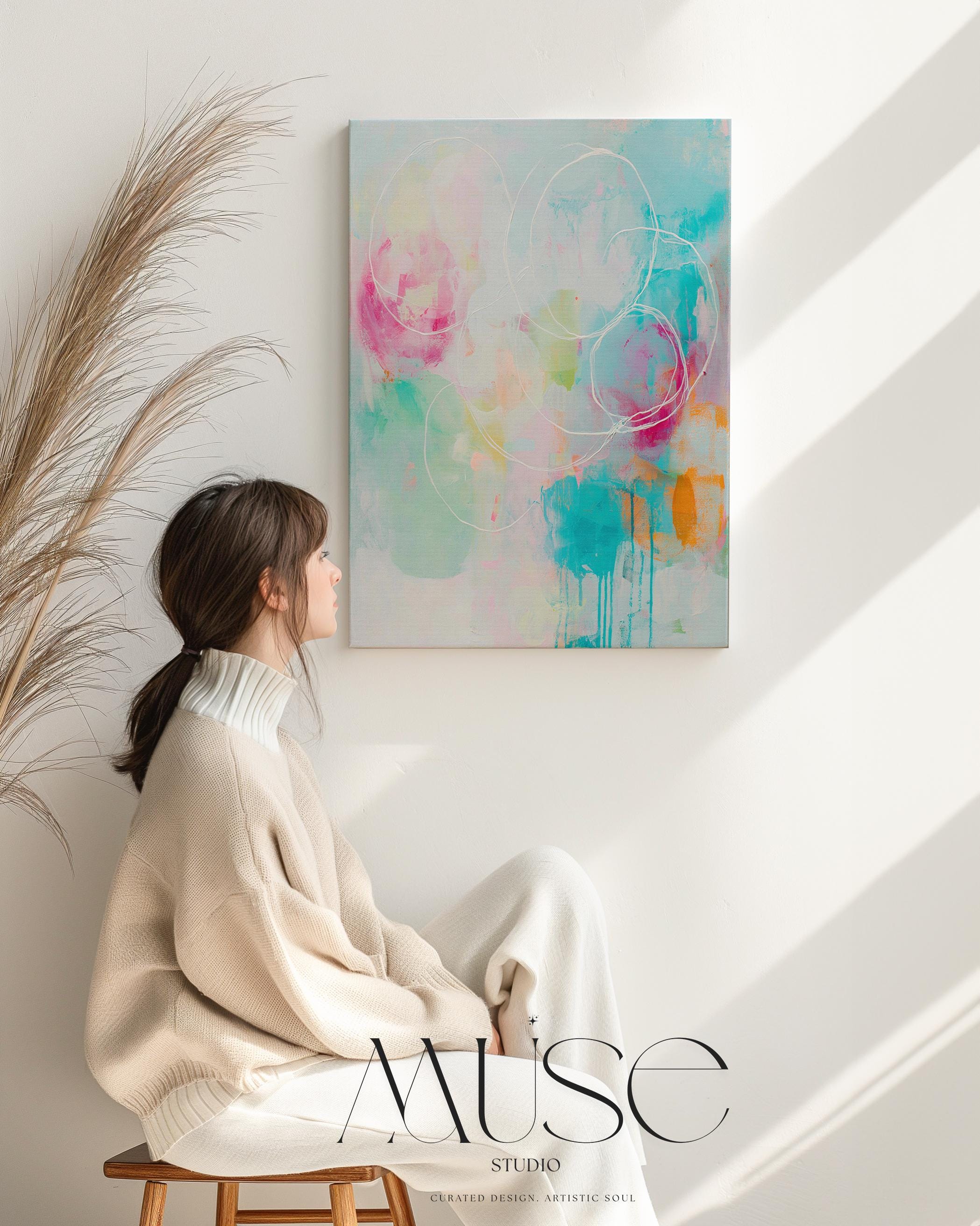 Abstract Circle Canvas Art Pink Teal and Orange Wall Decor Soft Contemporary Preppy Style for Bedroom or Entryway Vertical 485