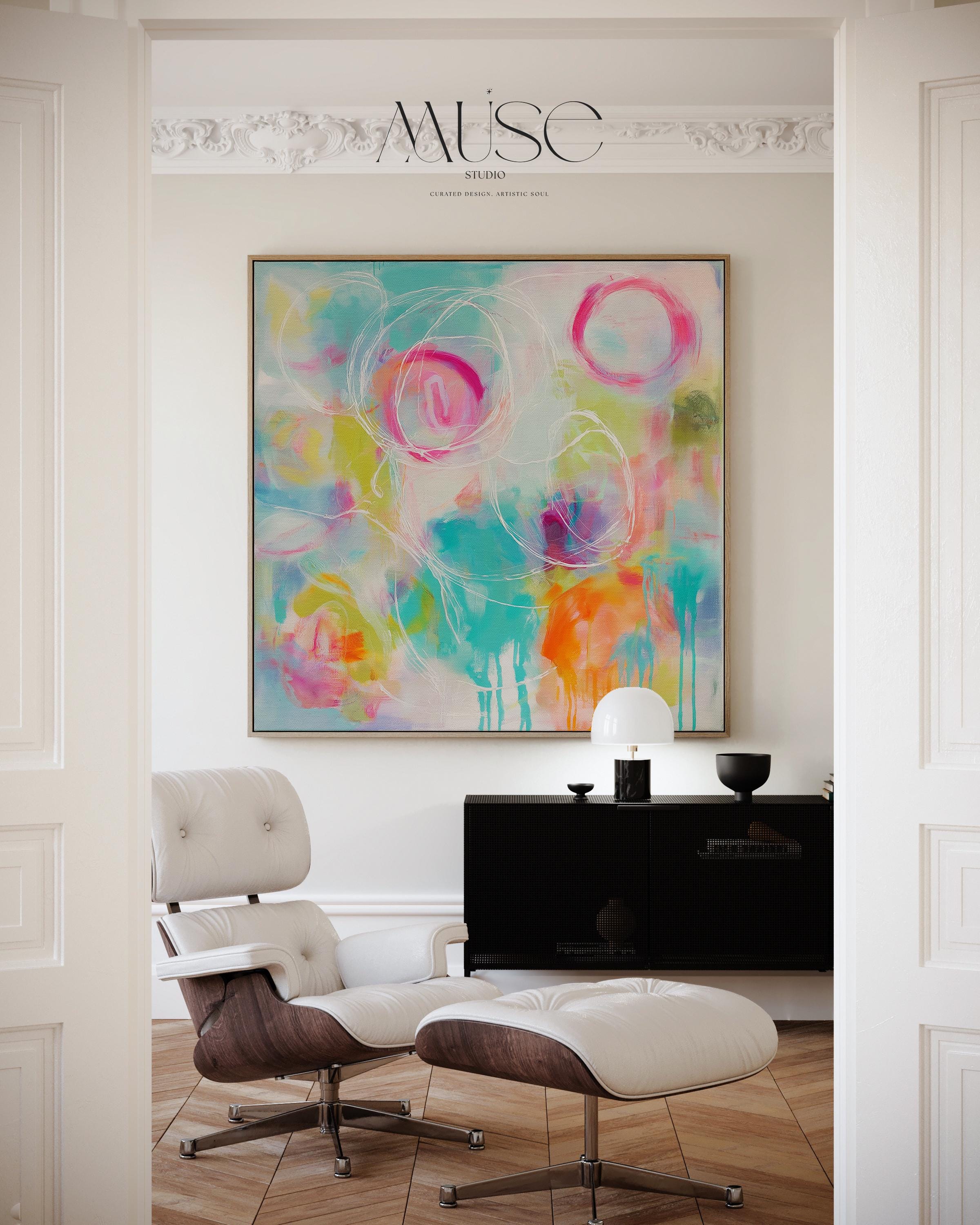 Colorful Abstract Canvas Wall Art Pink Teal and Orange Circles Bold Preppy Art for Bedroom or Office Square Decor Piece 486