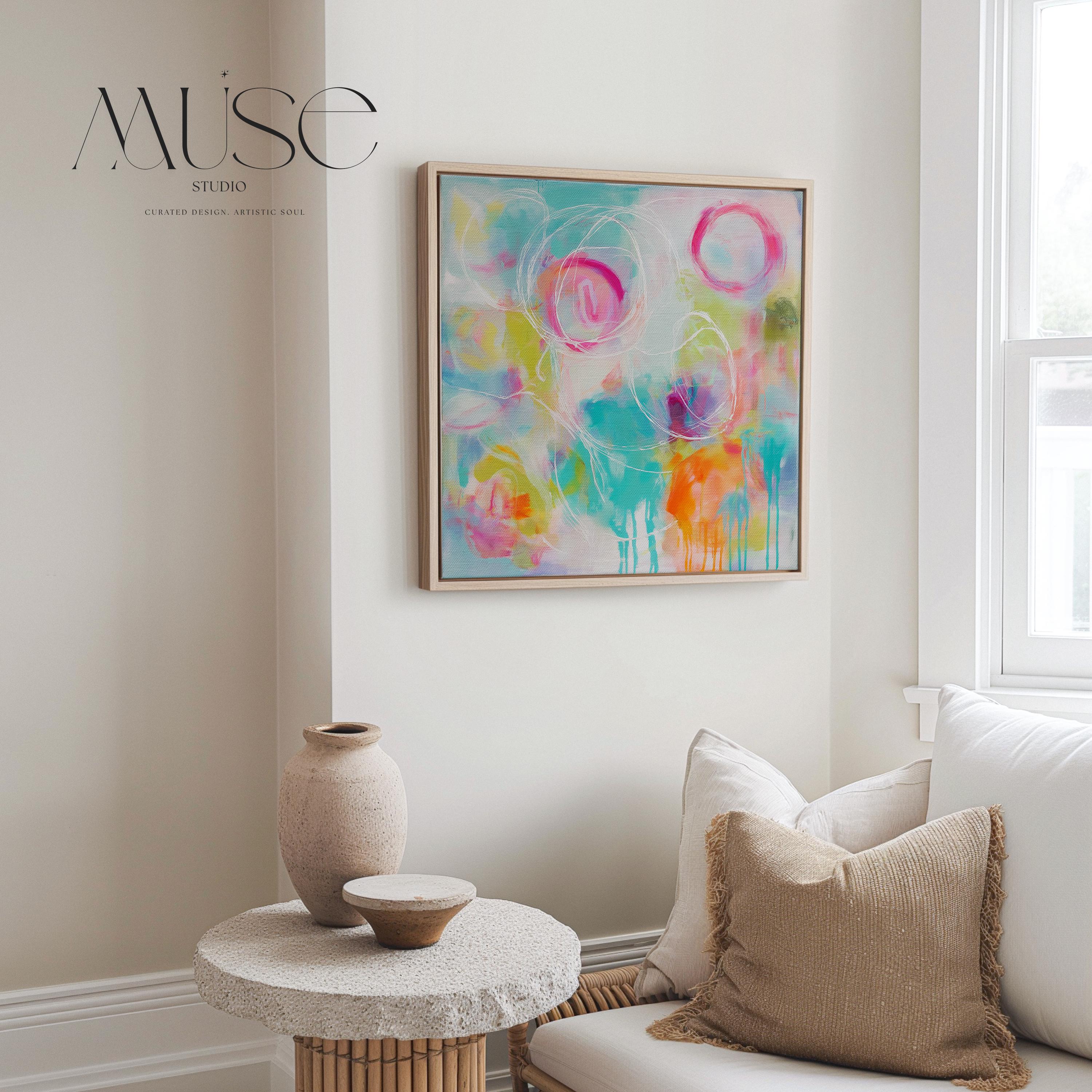 Colorful Abstract Canvas Wall Art Pink Teal and Orange Circles Bold Preppy Art for Bedroom or Office Square Decor Piece 486