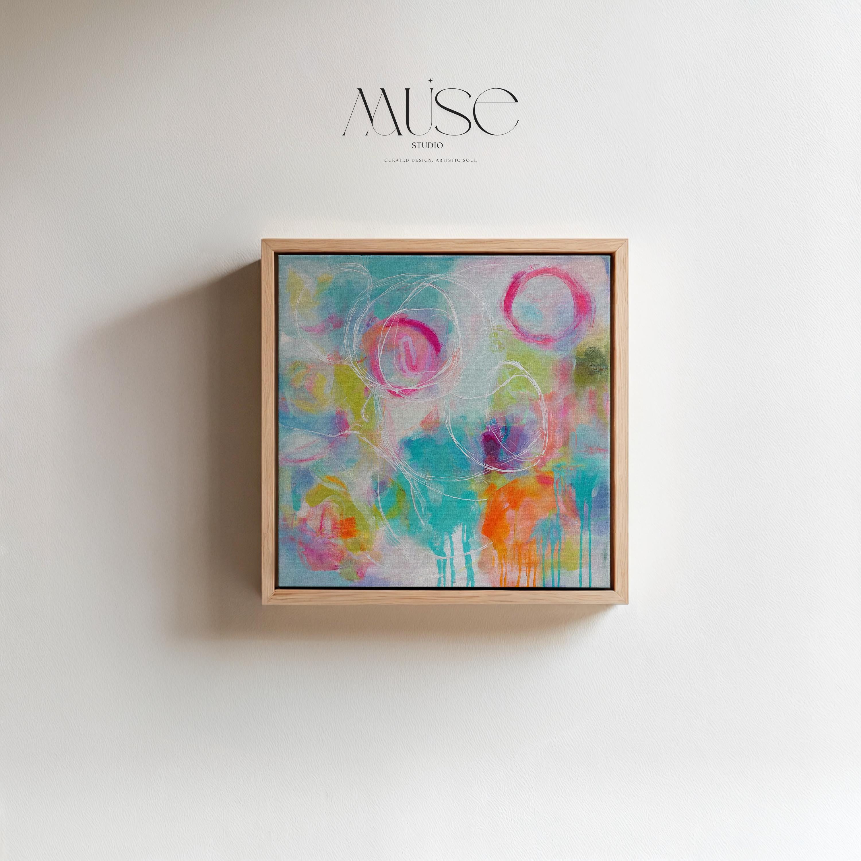 Colorful Abstract Canvas Wall Art Pink Teal and Orange Circles Bold Preppy Art for Bedroom or Office Square Decor Piece 486