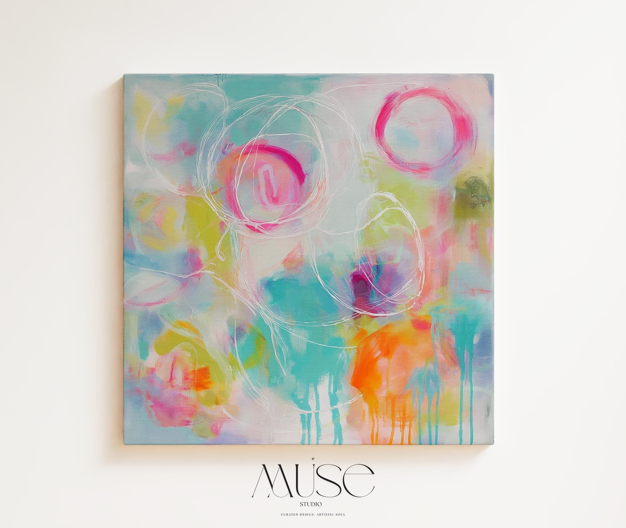 Colorful abstract canvas artwork with expressive pink, teal, and citrus brushstrokes, accented by white hand-drawn circular lines. The composition features bold drip techniques and a painterly blend of soft and vivid hues, creating a vibrant, uplifting mood ideal for designer living rooms, entryways, or creative spaces. Styled for high-end modern decor with a playful twist.