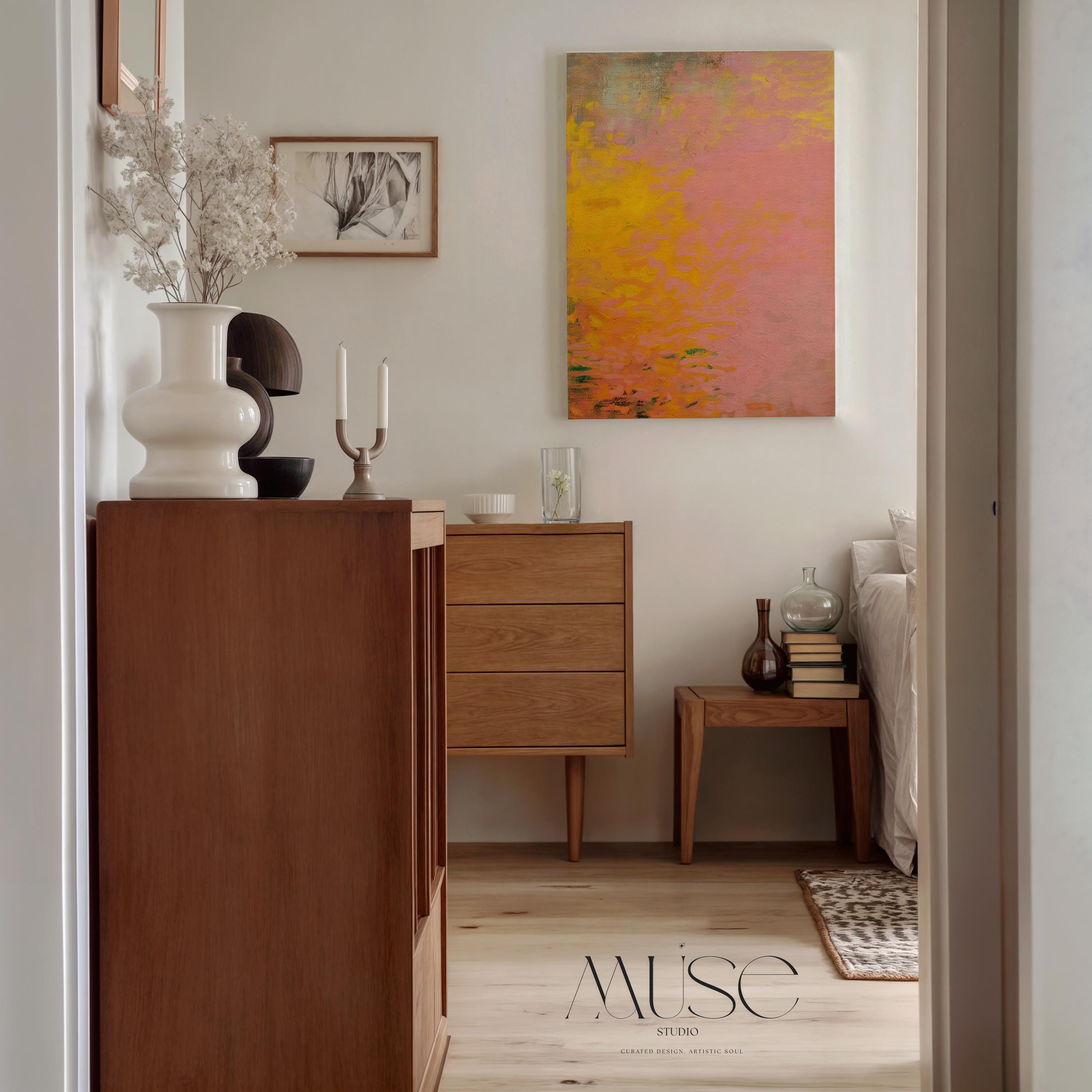 Vertical Abstract Canvas Wall Art in Warm Pink and Orange Earth Tones for Modern Rustic Interiors Living Room Decor – Aurora 489